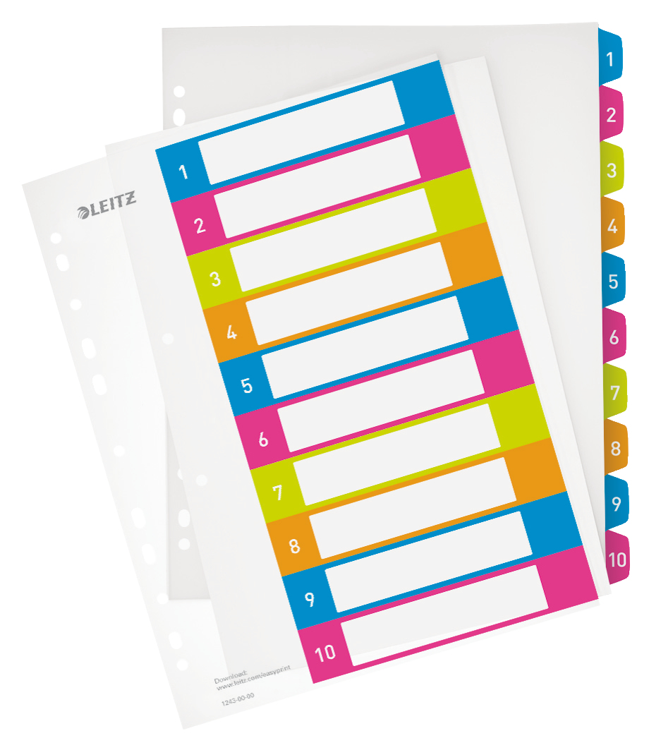 LEITZ Ordnerregister WOW DIN A4 Vollformat, Überbreite 1-10 farbig 10-teilig, 1 Satz