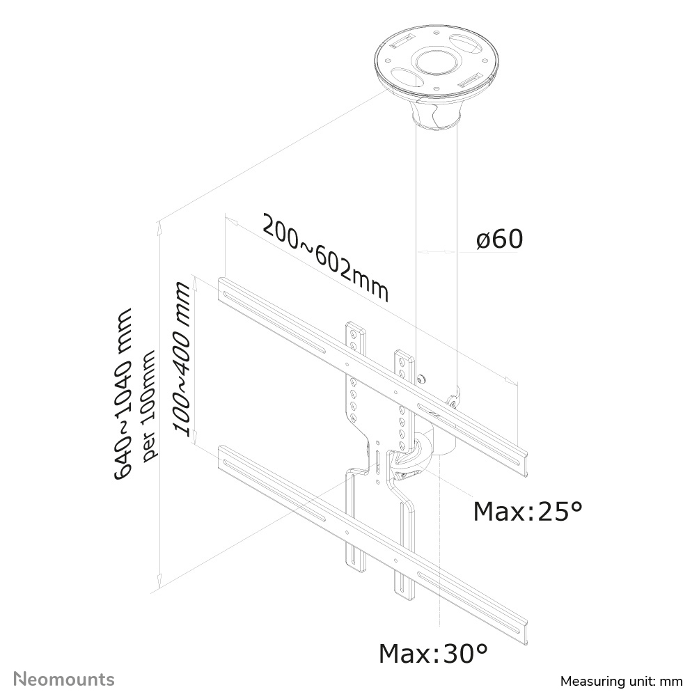 NEOMOUNTS TV/Monitor Deckenhalterung 81,28cm-152,4cm 32-60Zoll max 35kg VESA max 600x400 Neigen Schwenken höhe 64-104cm s