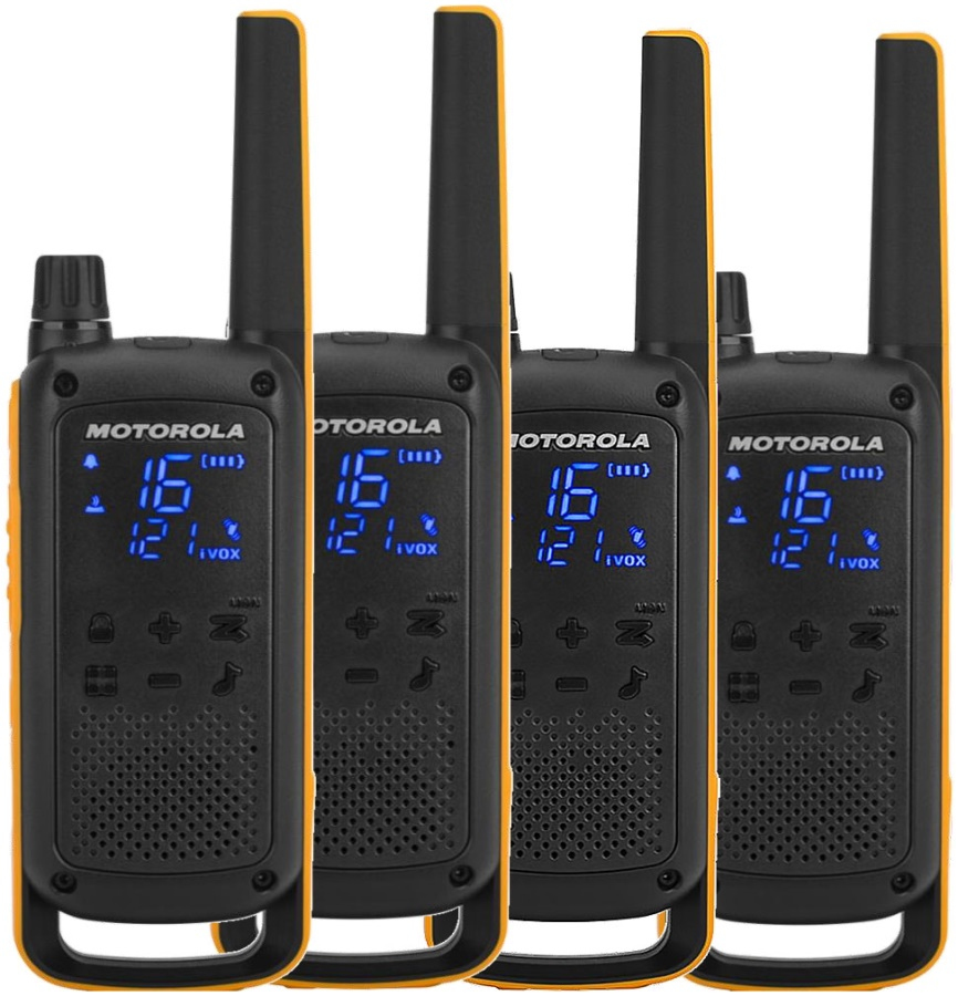 MOT Talkabout T82 Extreme QuadPack PMR446 HFG inkl.Koffer+4Funkgeräte +4Akkus +4Micro USB Lader +Gürtelclip +4Headsets +Tragebänder