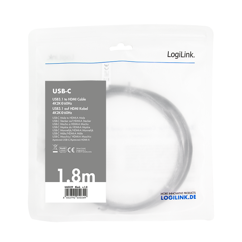 Logilink USB-C Kabel 3.2 Gen1 zu HDMI-A 4K/60 Hz, schw. 1,8m