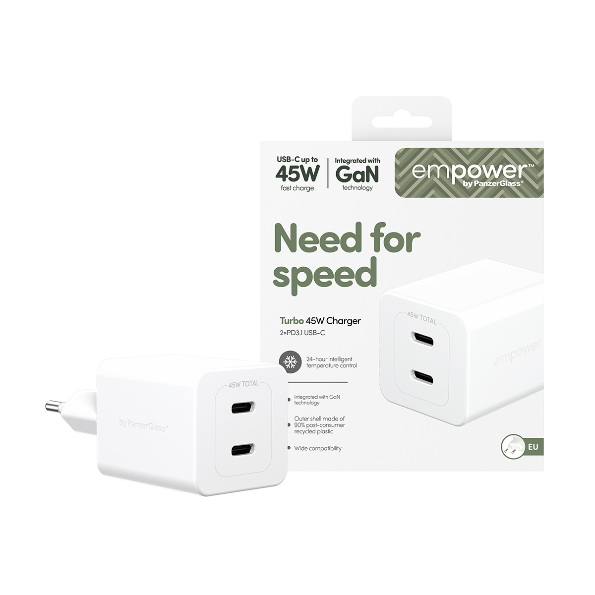 TURBO 45W CHARGER INCL. 2 X USB-C EU PLUG SILVER WHITE