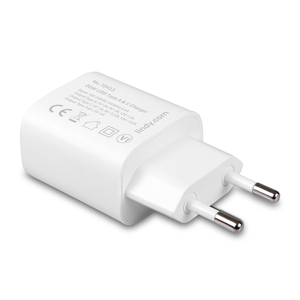 LINDY USB 2-Port Charger 20W, 1x USB-C PD & 1x USB-A, weiß