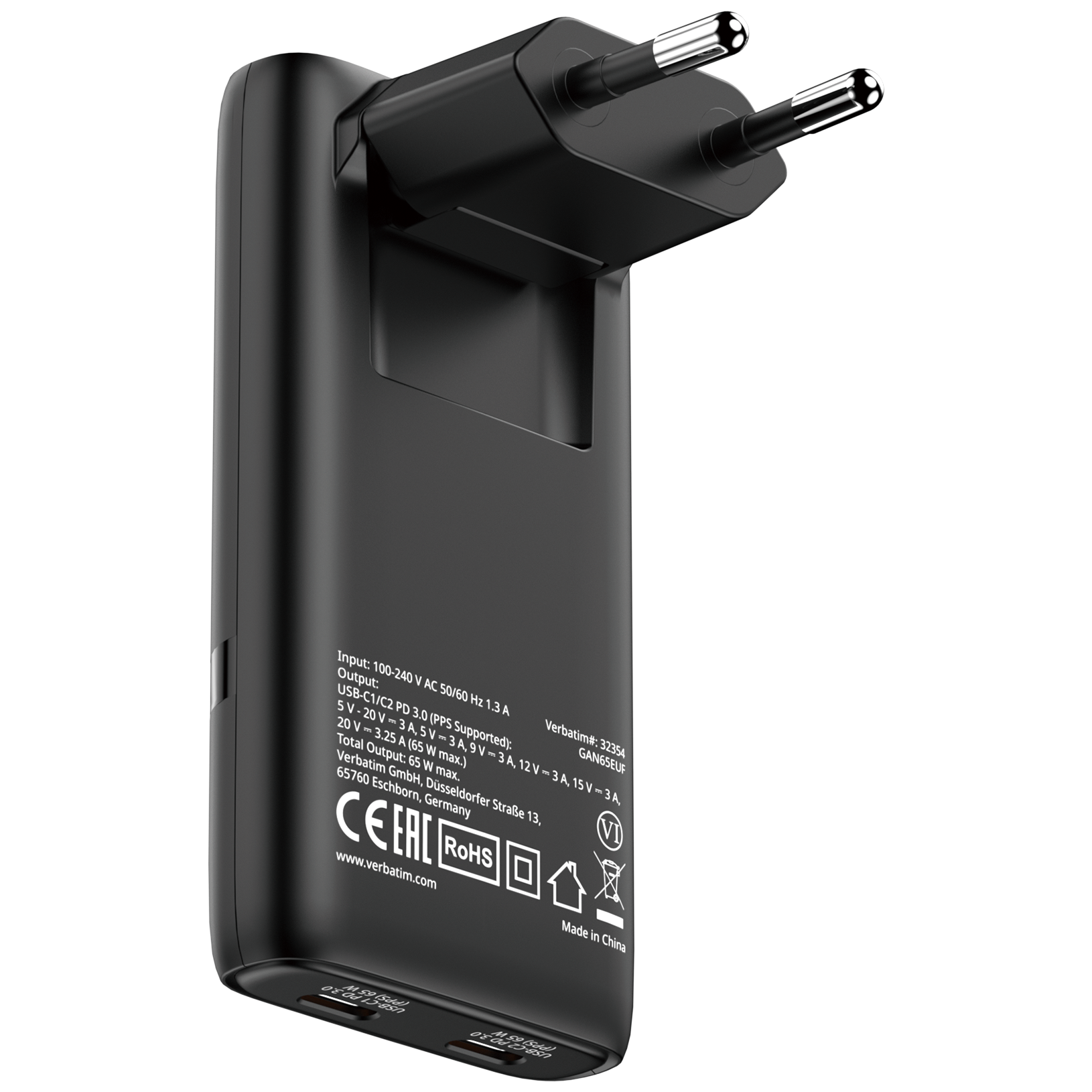 verbatim Fold n’ Go GaN III Ladeadapter schwarz, 65 W