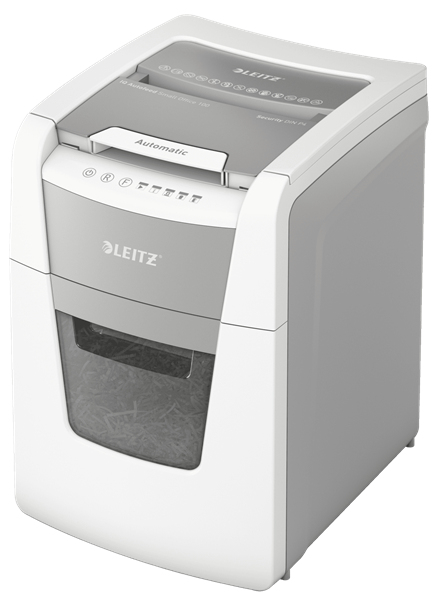 LEITZ IQ Autofeed Small Office 100 Aktenvernichter mit Partikelschnitt P-4, 4 x 28 mm, bis 100 Blatt, weiß