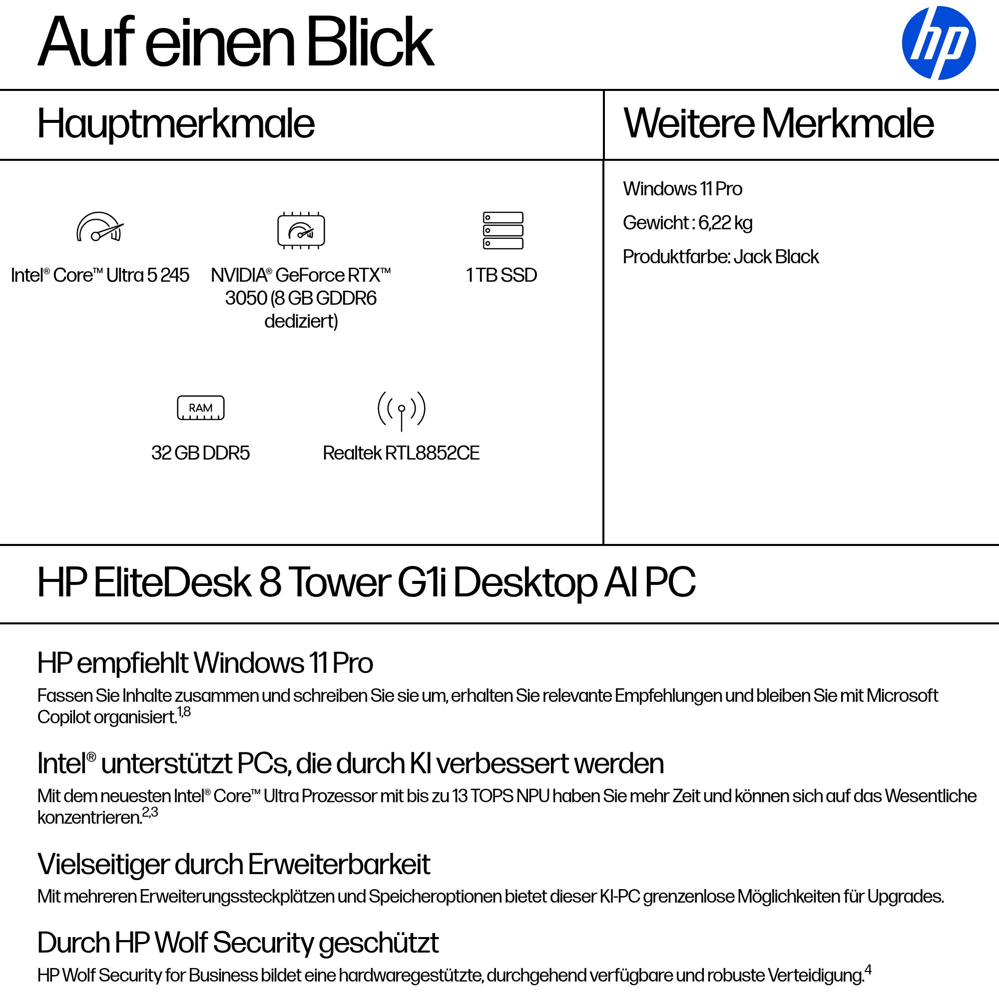 HP ELITEDESK 8 TWR G1I U5-245 32GB 1TB W11P RTX 3050 8G W6E 3Y