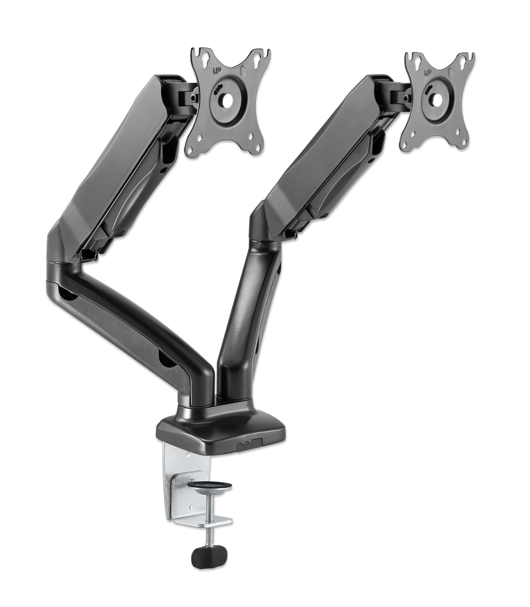 MANHATTAN Tischhalterung mit Gasdruckfeder für zwei Monitore 43,18 bis 81,28cm von 17 bis 32 Zoll und bis zu 9 kg pro Arm Aluminium