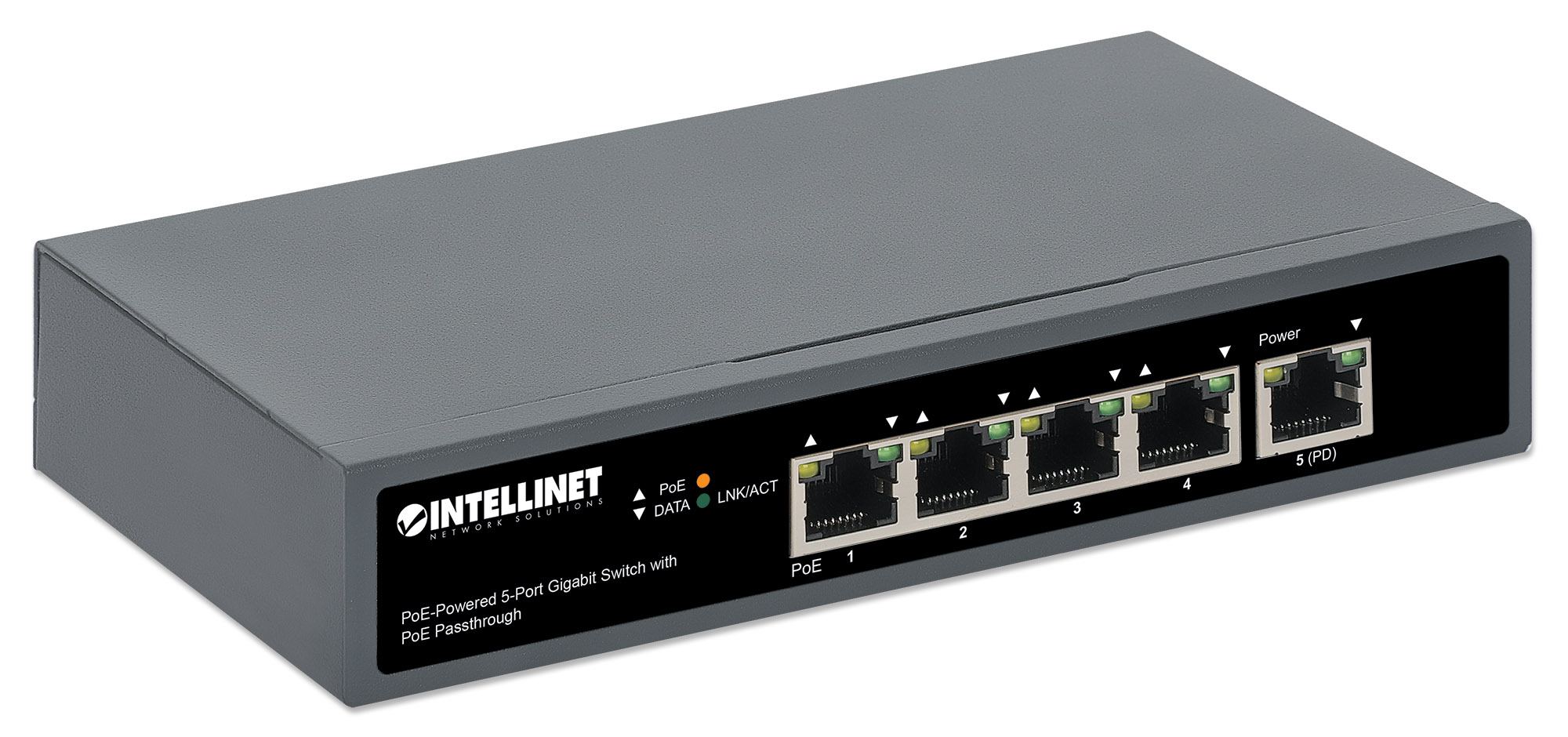 INTELLINET PoE-Powered 5-Port PoE+ Gigabit Switch mit PoE-Passthrough ein PoE++ 4PPoE PD PoE-Port bis 95W vier PSE PoE-Ports bis 65W