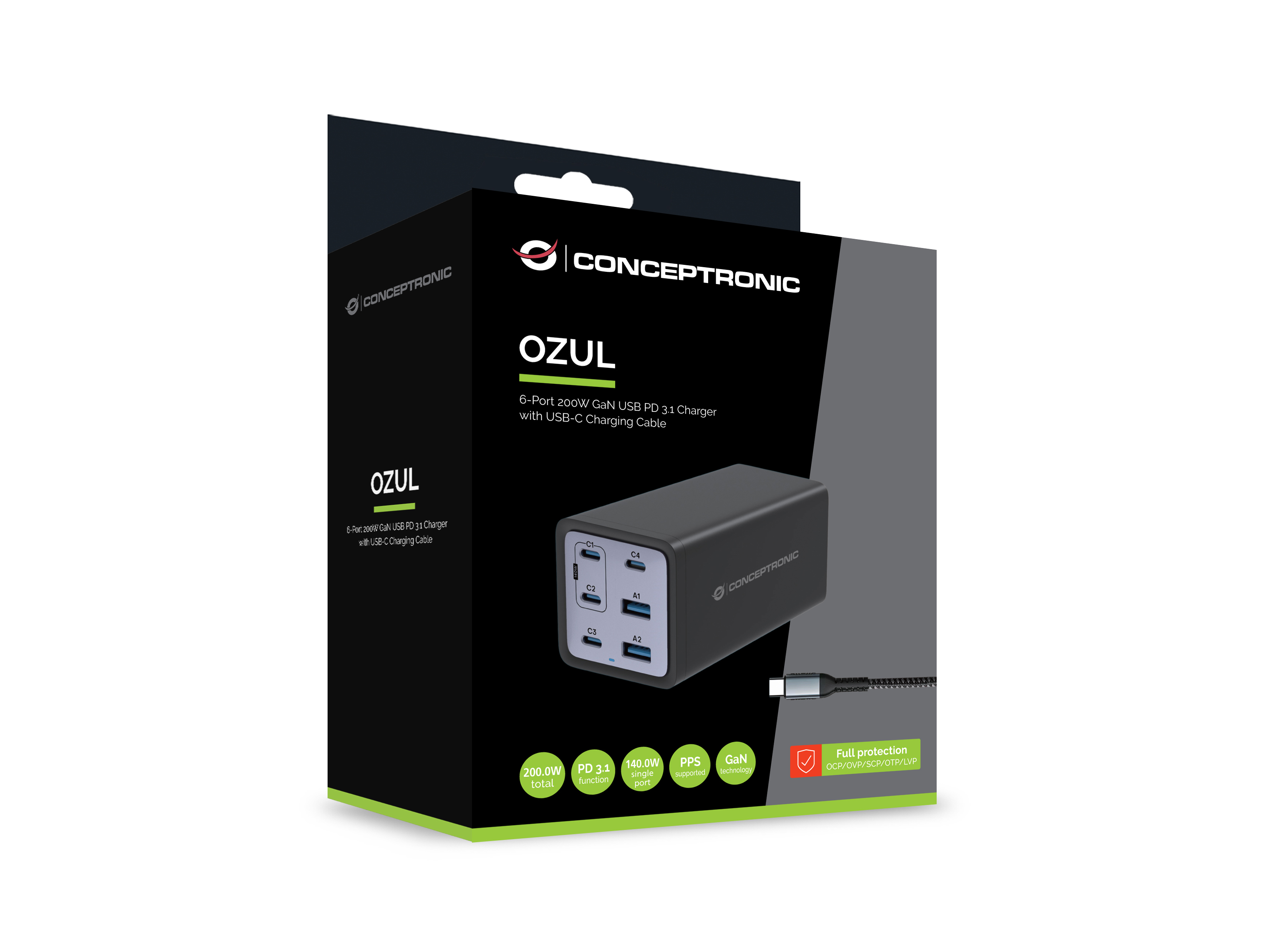 CONCEPTRONIC Ladegerät 6Port GaN 4xUSB-C/2xA200WPD3.1/PPS sw