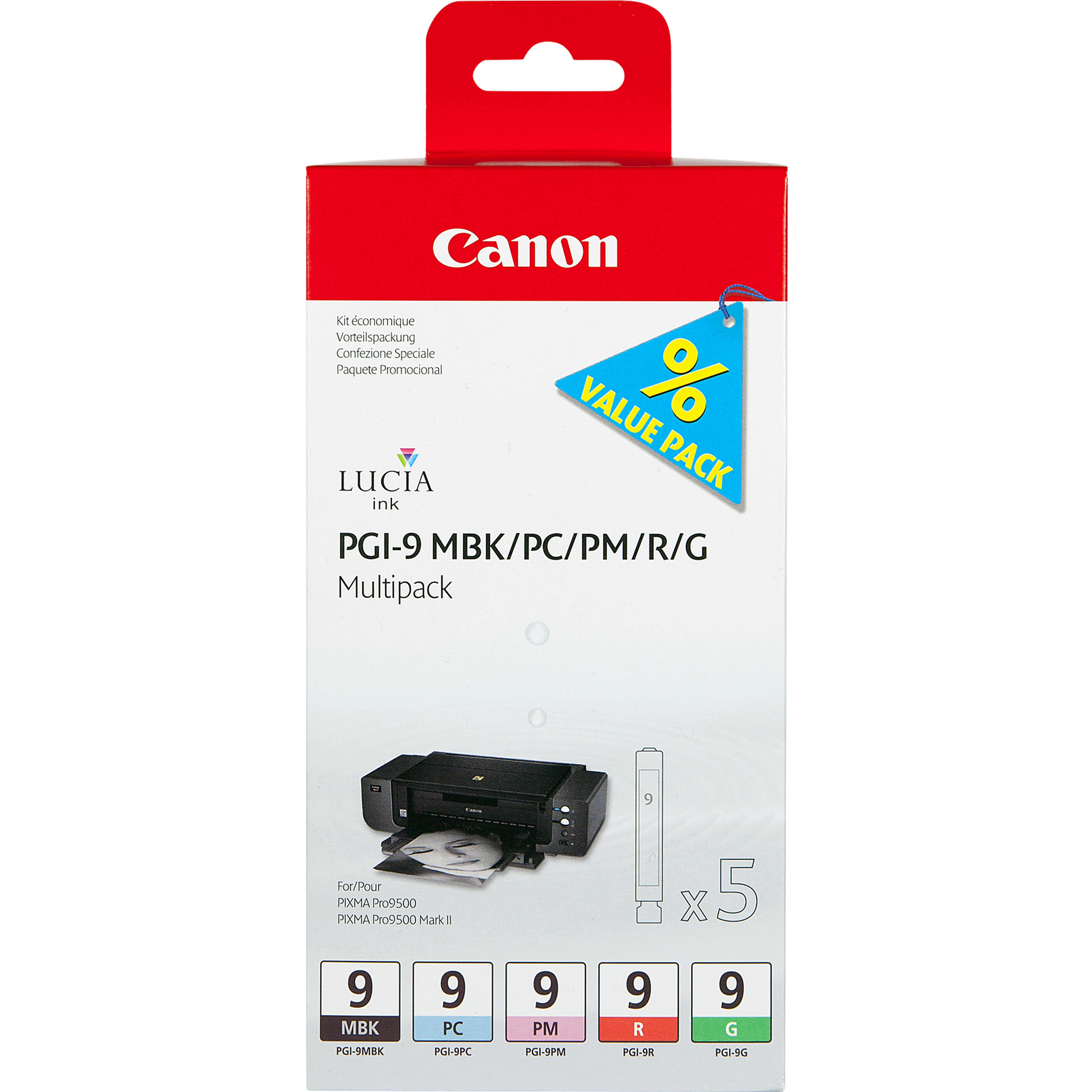 CANON PGI-9 MBK, PC, PM, R, G Tinte schwarz und vier Farben Standardkapazität combopack blister mit Alarm