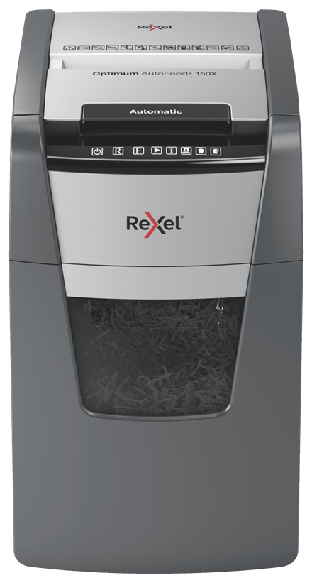 Rexel Optimum AutoFeed+150X Aktenvernichter mit Partikelschnitt P-4, 4 x 28 mm, bis 150 Blatt, schwarz