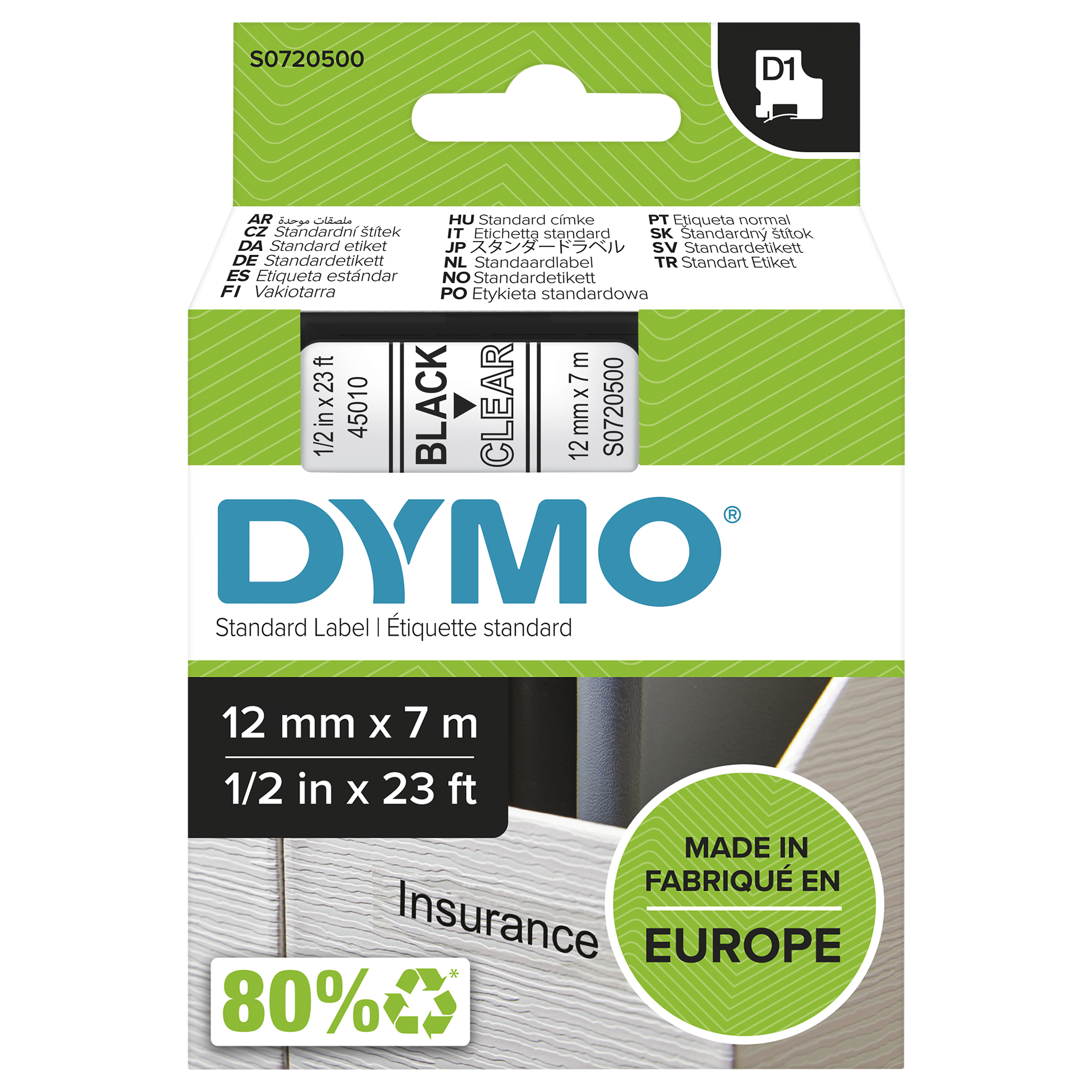 DYMO D1 Schriftband 45010 12mmx7.0m schwarz->transp.