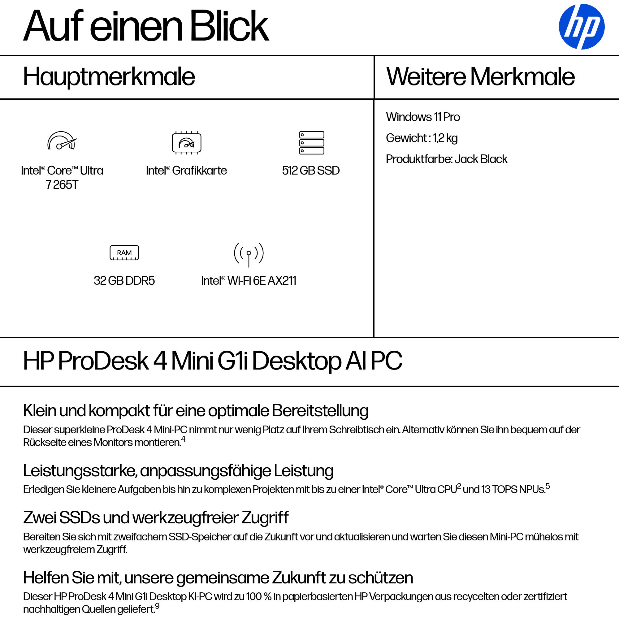 HP ProDesk 4 Mini G1i Intel Core Ultra 7 265T 32GB 512GB/SSD W11P 1J Gar (DE)