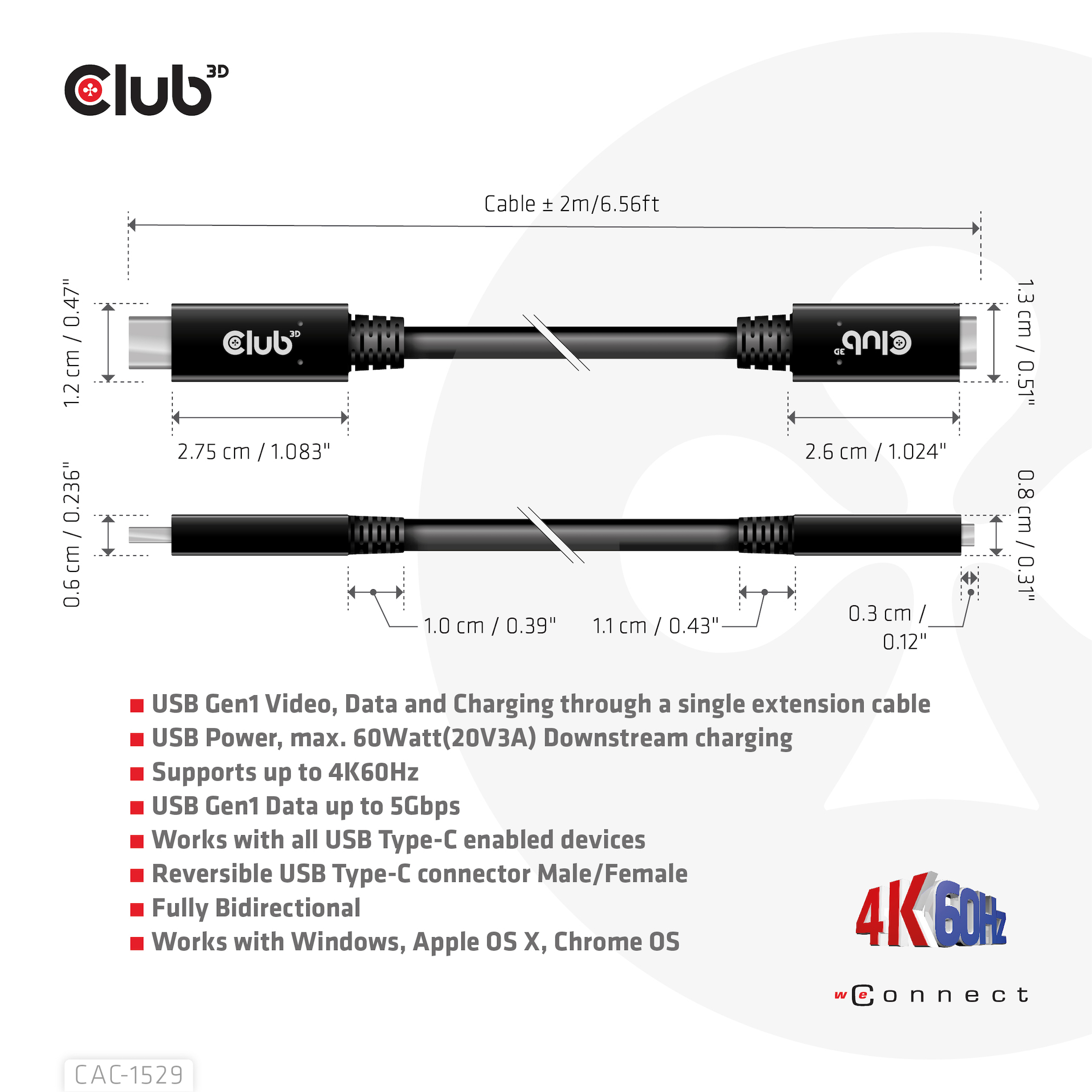 Club3D Kabel USB 3.2 Typ C 2m Verlängerung 5Gbps St/Bu retail
