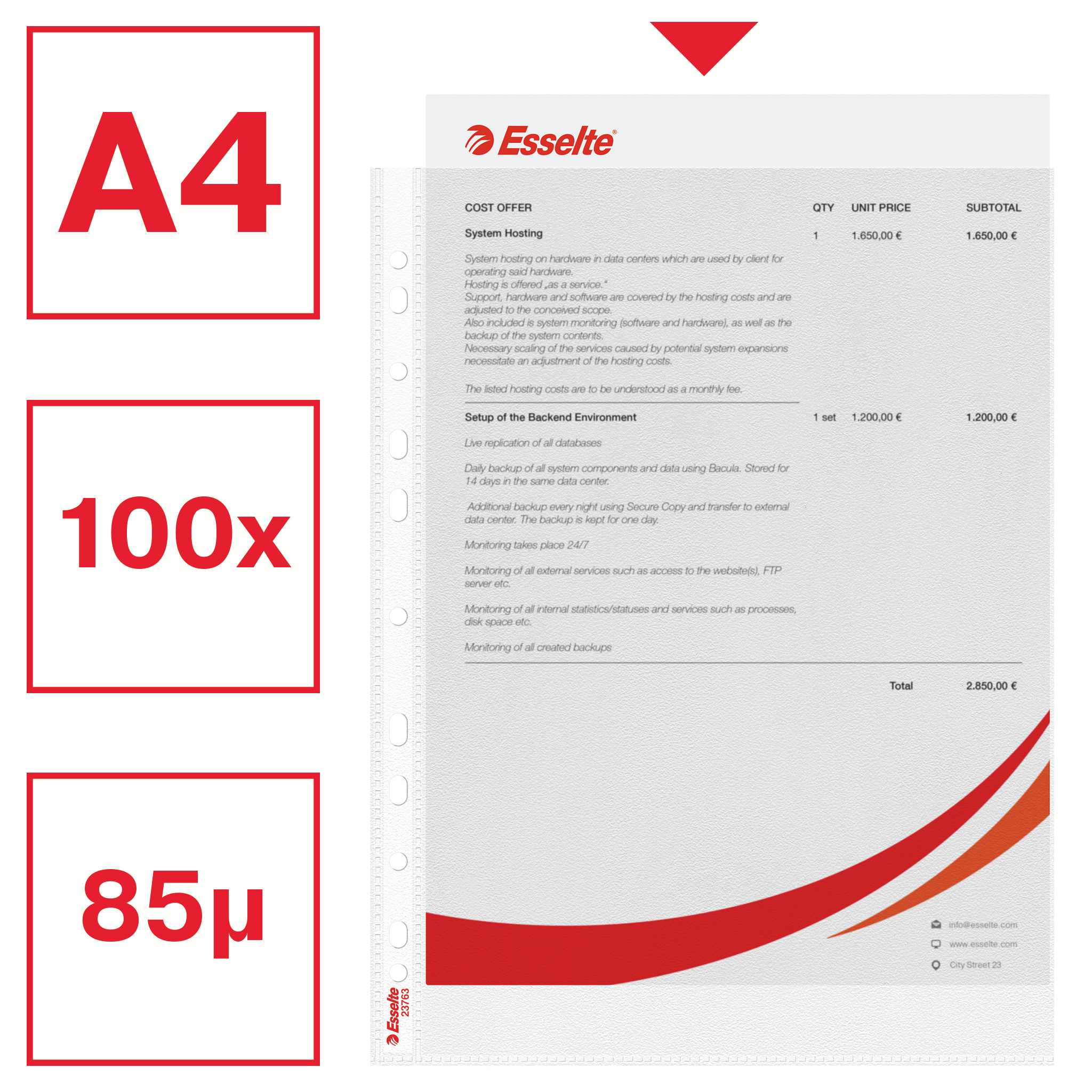 Esselte Prospekthüllen DIN A4 transparent genarbt 0,09 mm, 100 St.