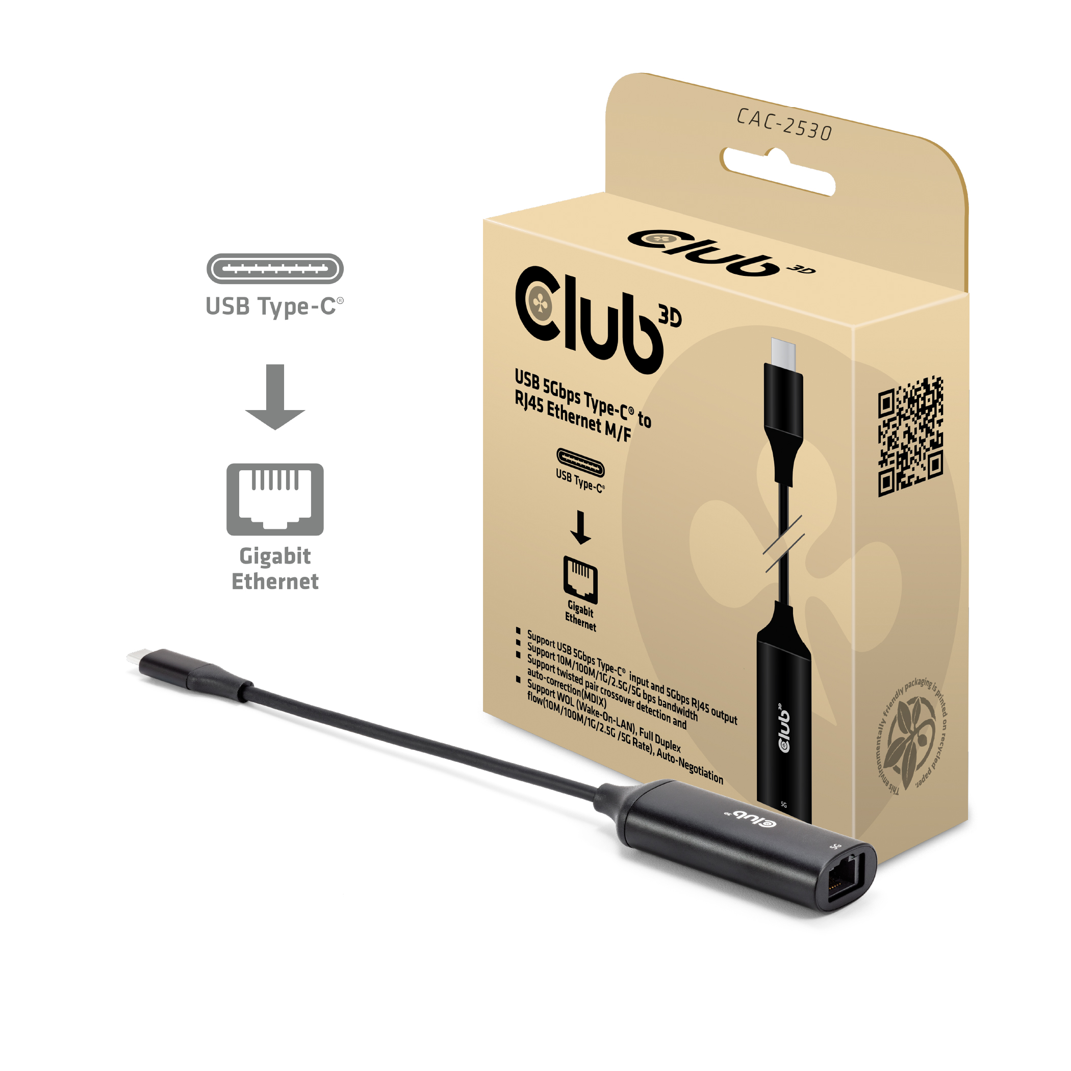Club3D Adapter USB-C > RJ45 5Gbps St/Bu retail