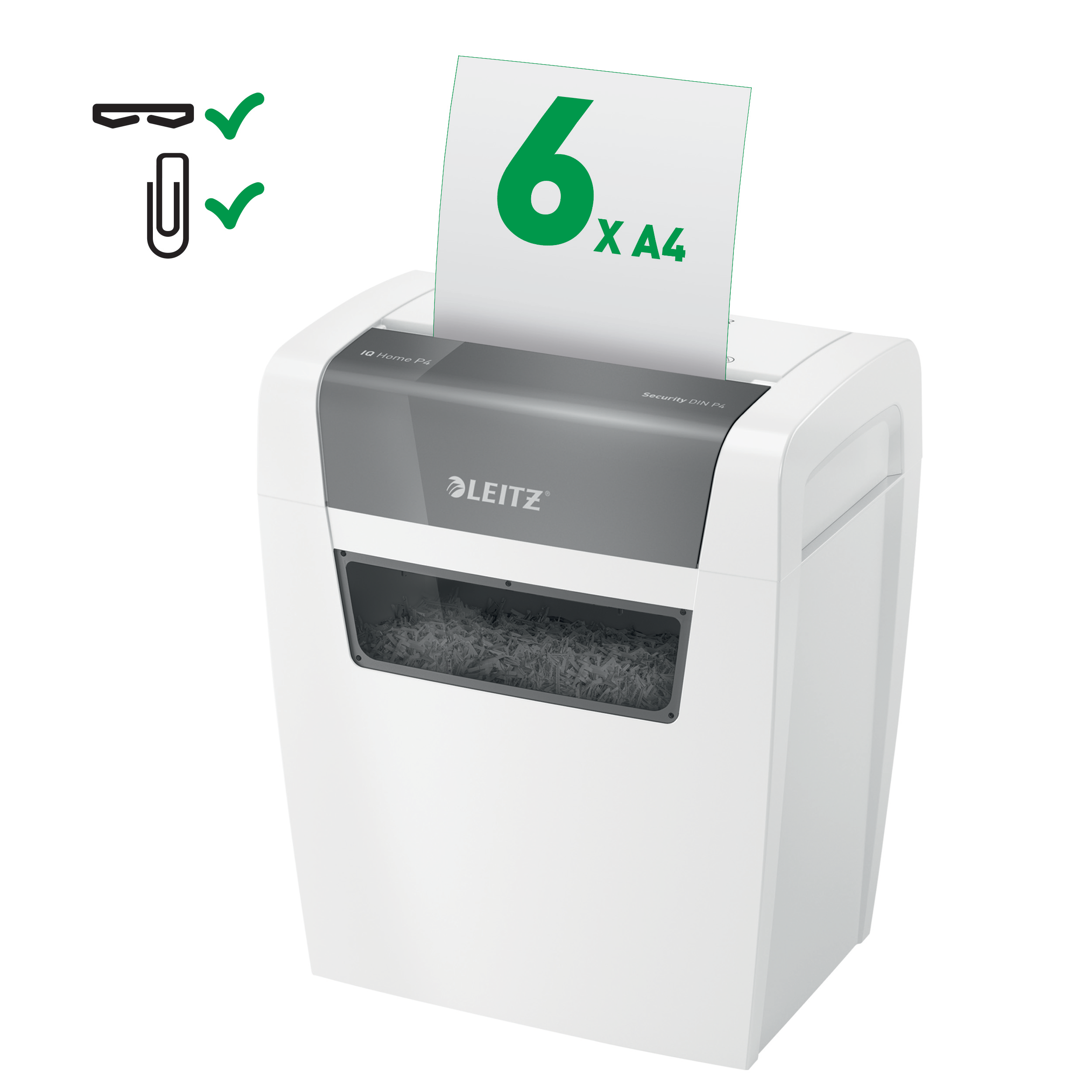 LEITZ IQ Home Aktenvernichter mit Partikelschnitt P-4, 4 x 28 mm, bis 6 Blatt, weiß