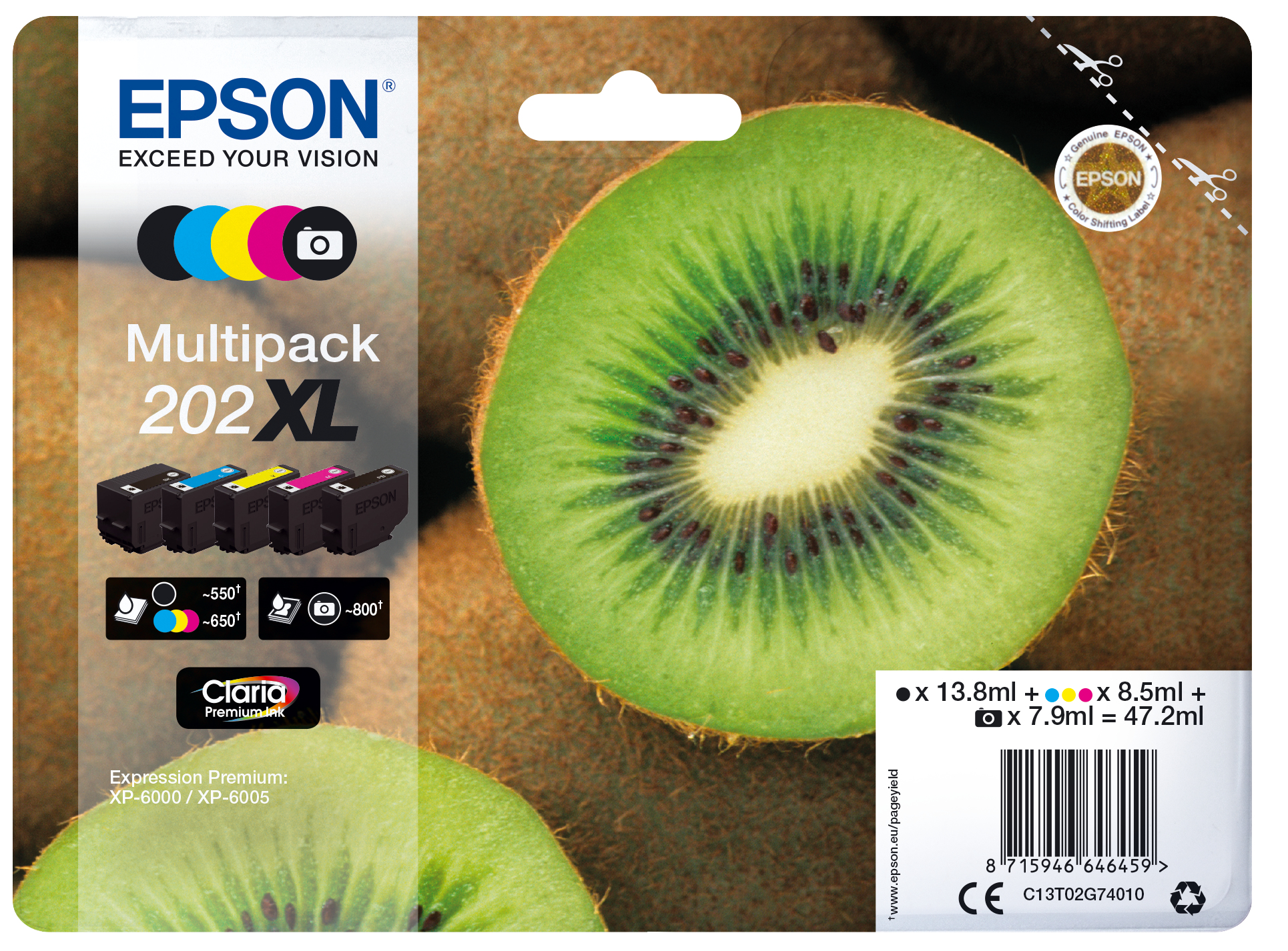 EPSON 202XL/T02G74 (Kiwi) schwarz, Foto schwarz, cyan, magenta, gelb Druckerpatronen, 5er-Set