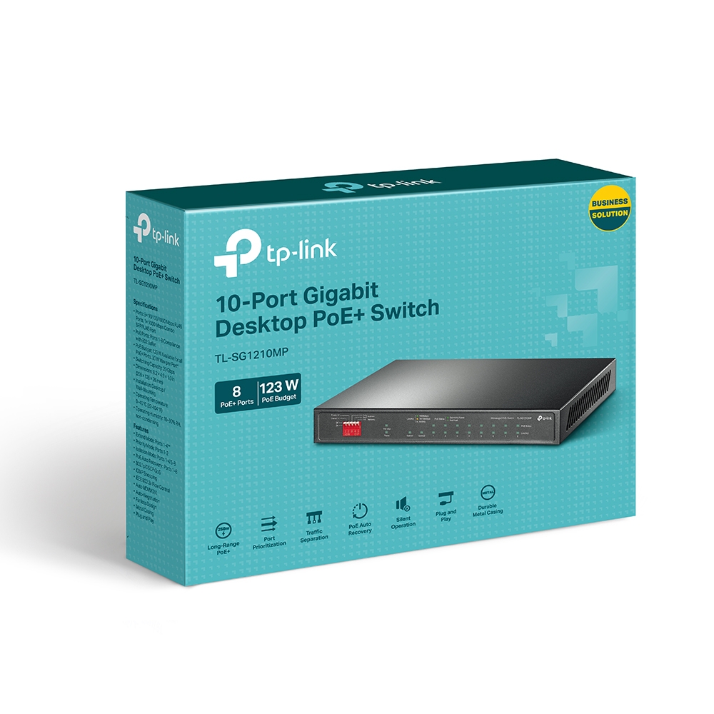 TP-LINK TL-SG1210MP PoE+ Desktop Switch 8x 10/100/1000Mbps + 1x Gbit Combo SFP + 2x Gbit Non-PoE RJ45 123W budget Isolation