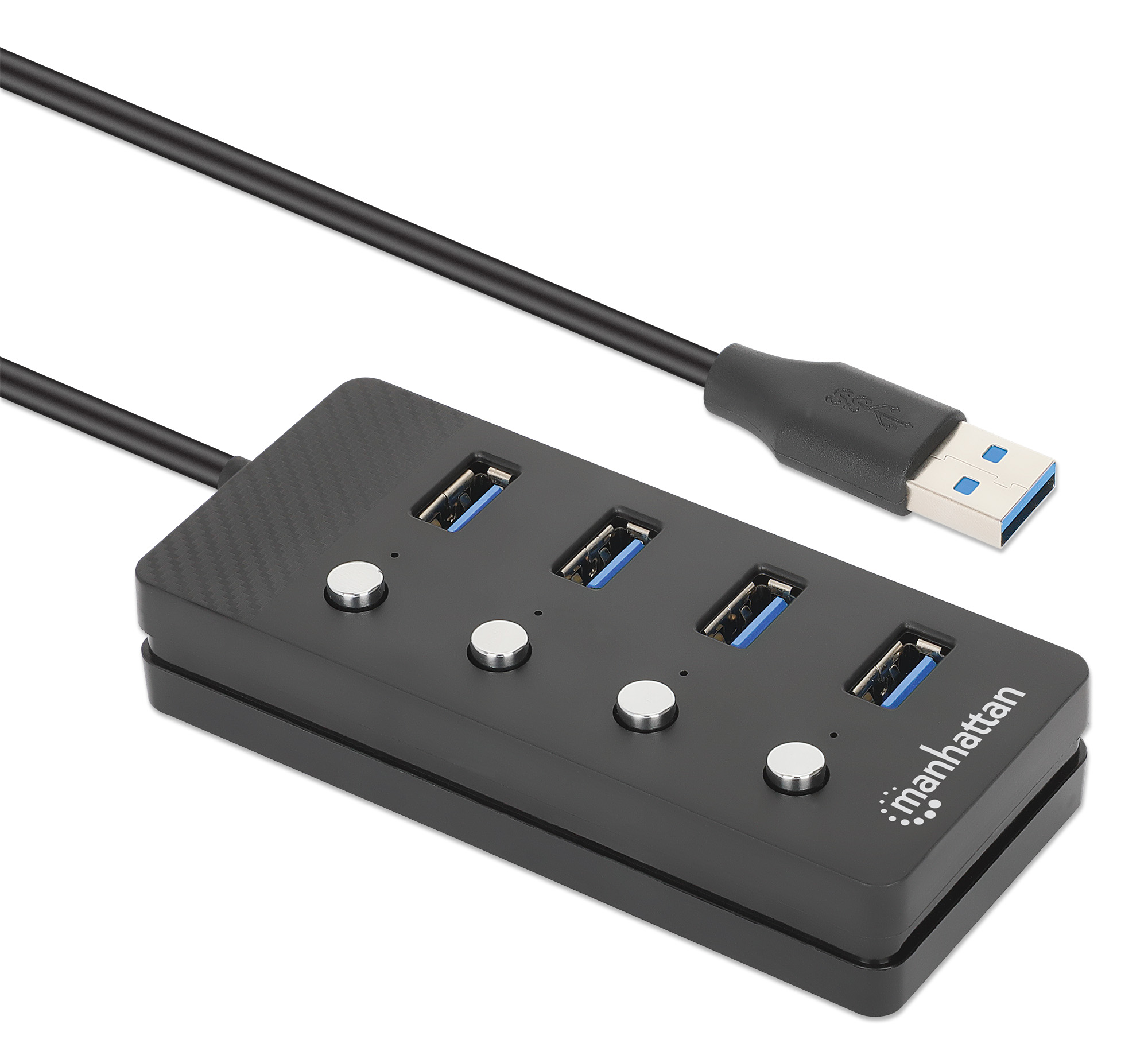 MANHATTAN 4-Port USB 3.0 Hub USB-A-Stecker auf 4x USB-A-Buchsen 5 Gbit/s 1,5 m Kabel Schalter für jeden Port Strom über USB/Netzteil