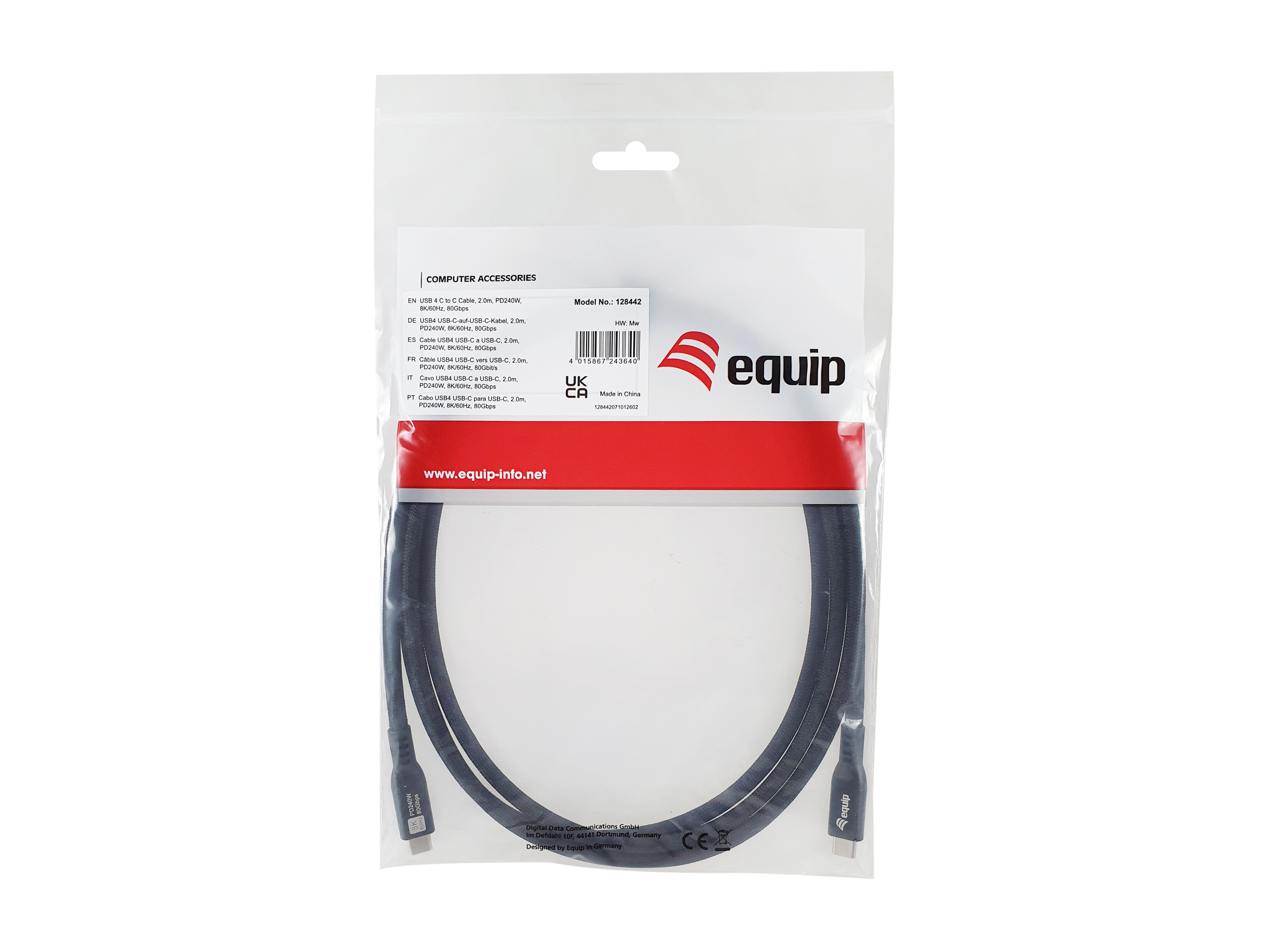 Equip Kabel USB-C4.0->C 80Gbps PD240W St/St 2.00m schwarz