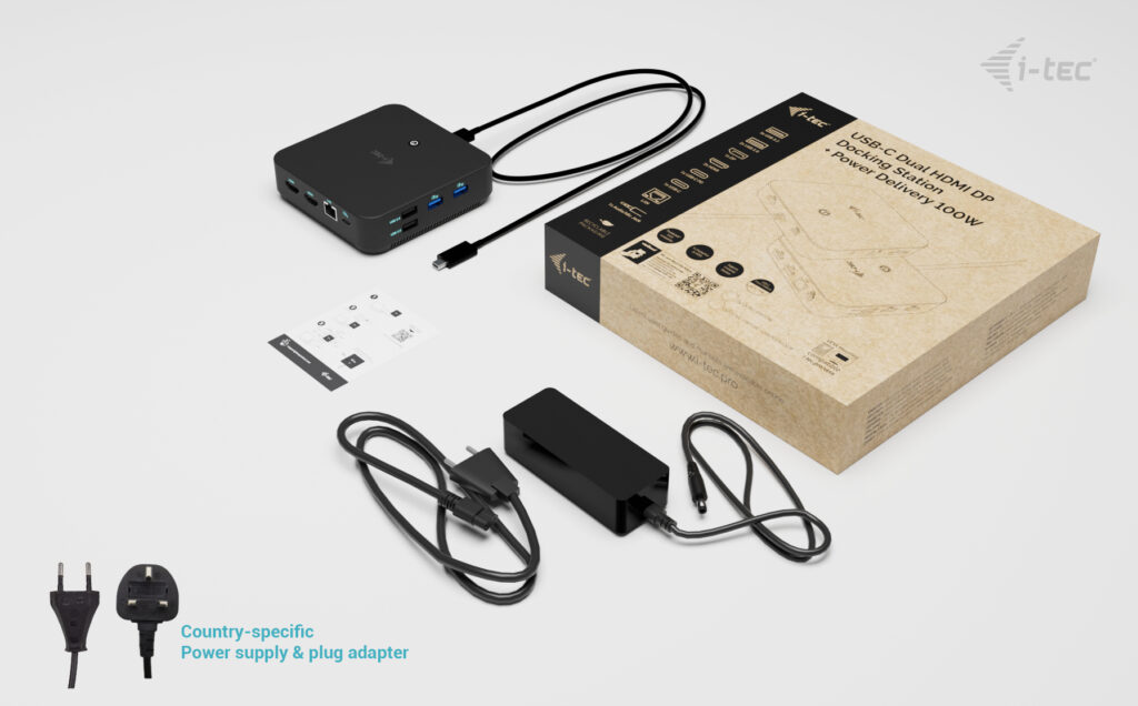 I-TEC USB-C DS 2 x HDMI 1x DP 1x GLAN 1x USB-C 3.2 3x USB-A 3.2 2x USB 2.0 1x 3,5mm Audio/Mic 1x 100W USB-C Power Delivery + Charger
