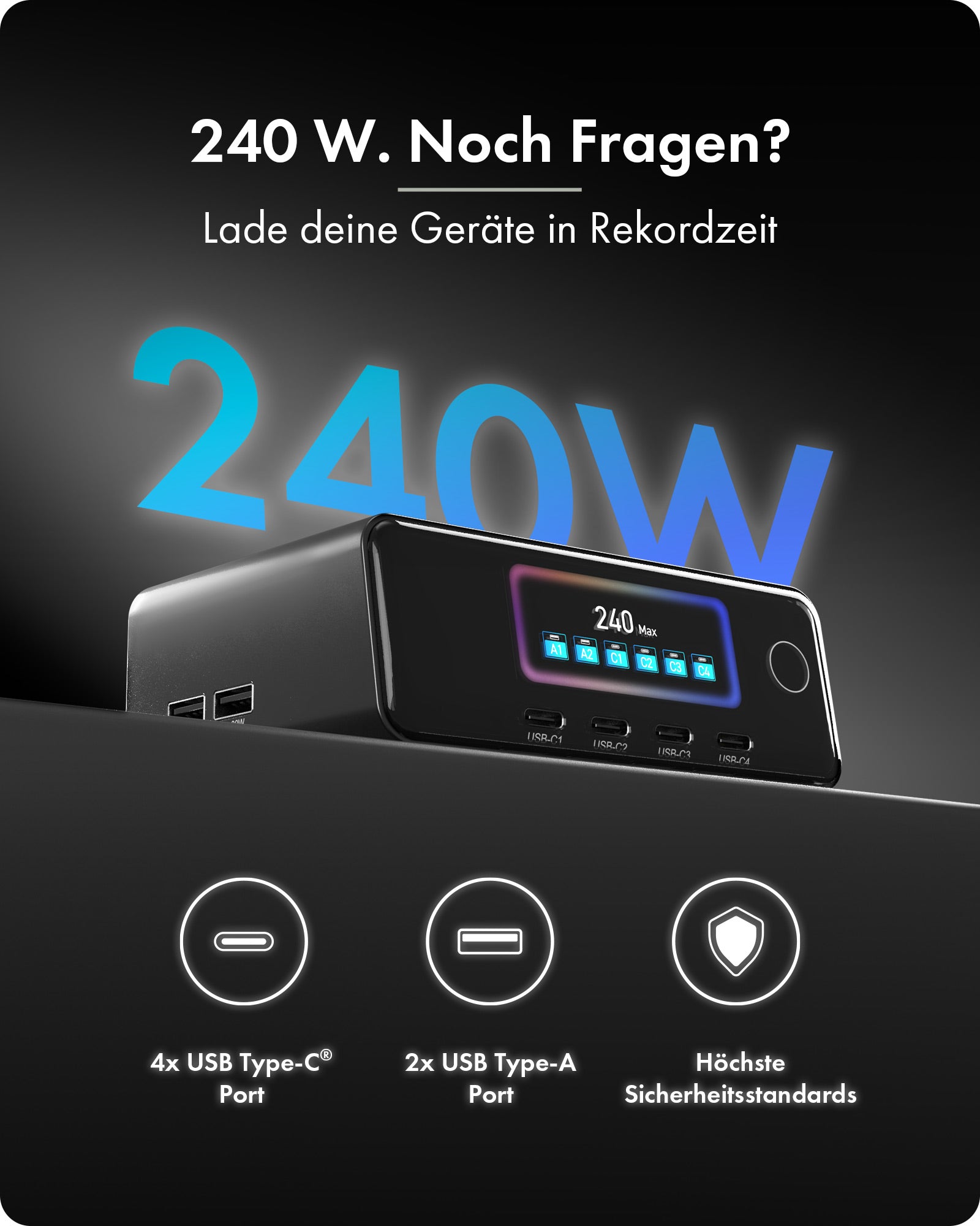 GaN-Ladegerät mit LCD-TFT Display bis zu 240W