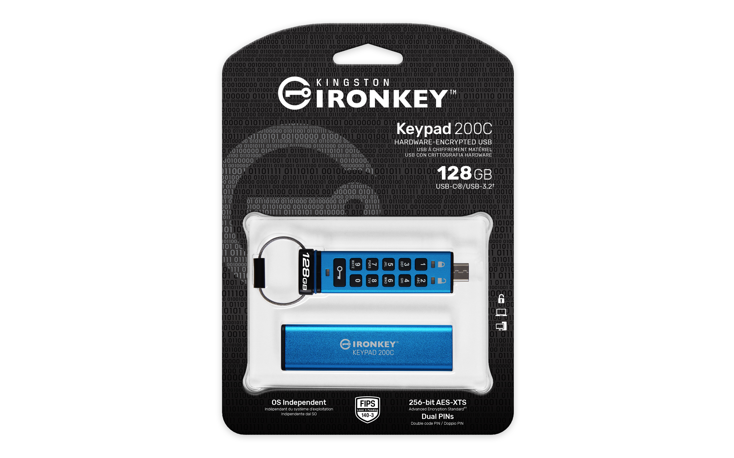 KINGSTON 128GB USB-C IronKey Keypad 200C FIPS 140-3 Lvl 3 Pending AES-256