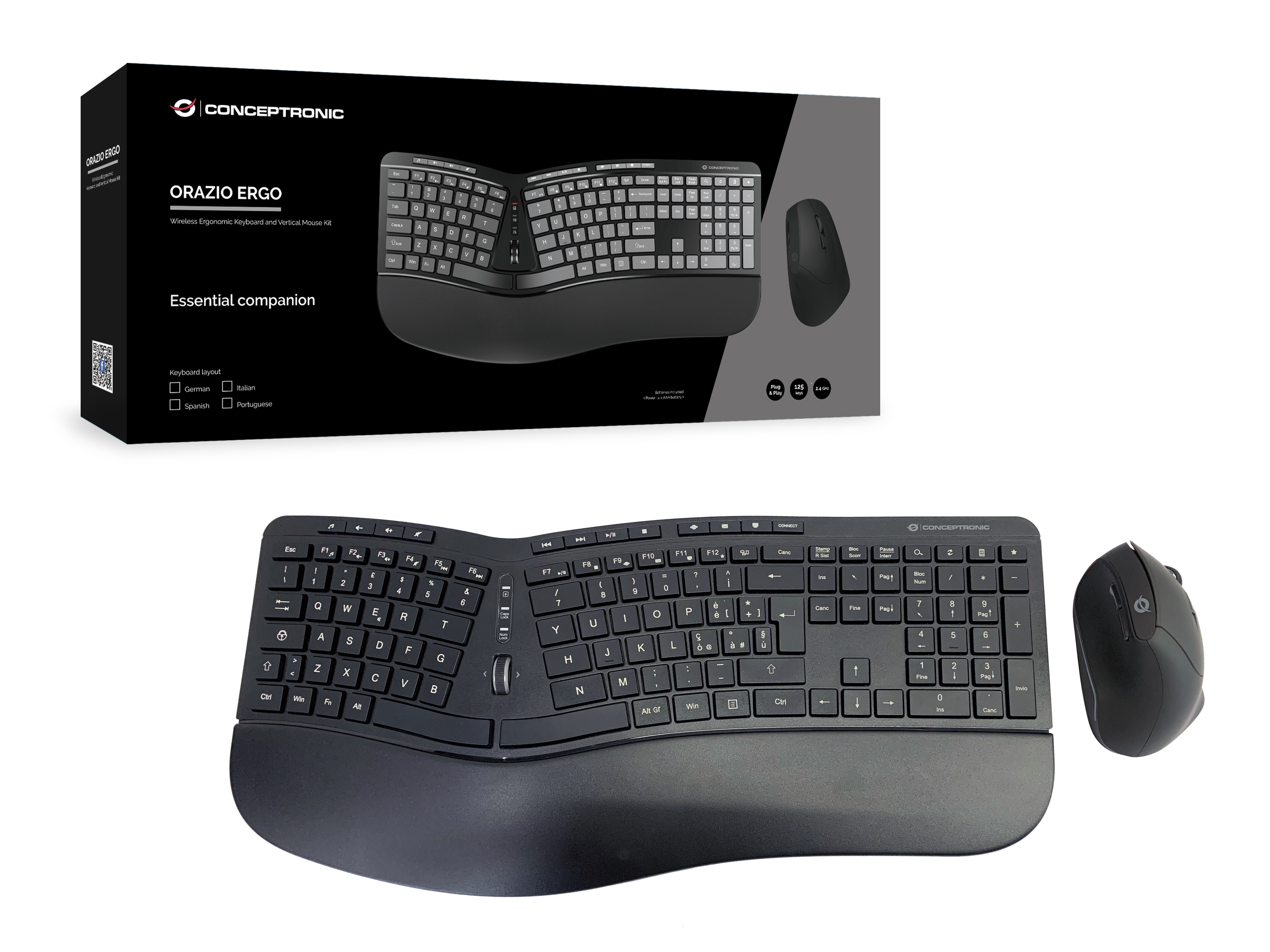 CONCEPTRONIC Tastatur+Maus Wireless ERGO Layout IT schwarz