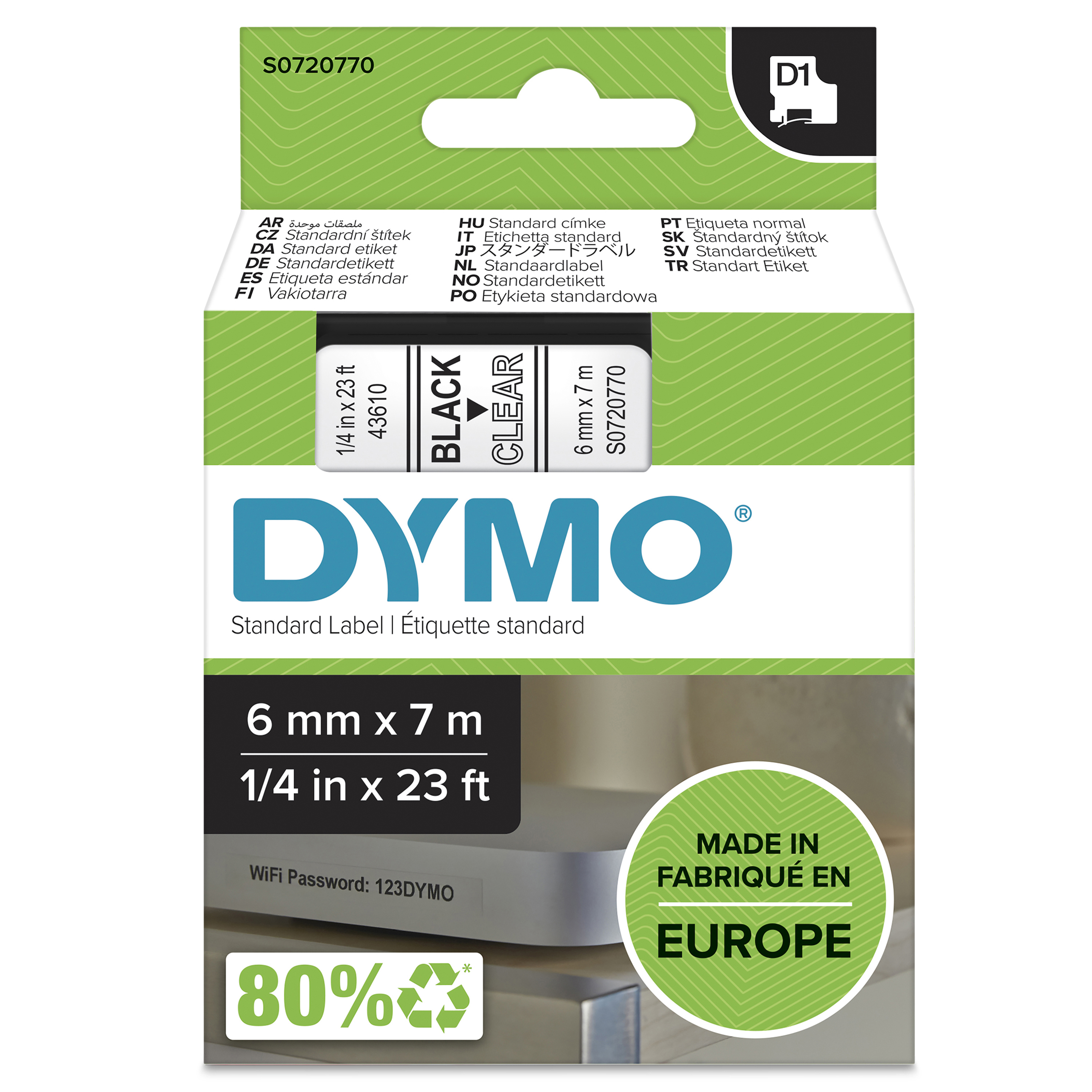 DYMO D1 Schriftband 43610 6mmx7.0m schwarz->transp.