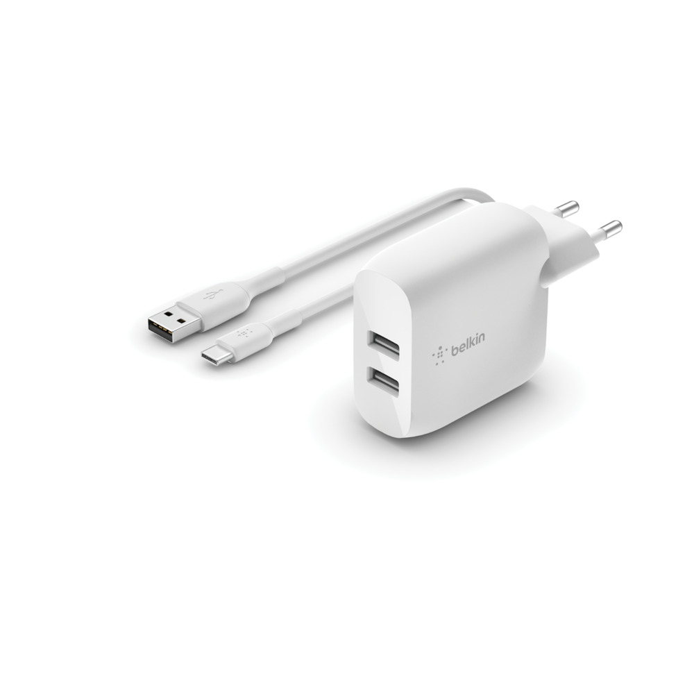 DUAL USB-A CHARGER W/USB-C CABLE 1M 24W WHITE