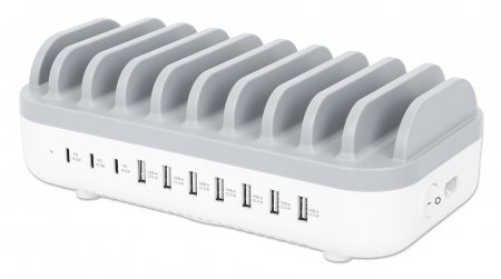 MANHATTAN 10-Port USB-Ladestation 120W 3x USB-C PD-Ports bis zu 18 W/Port 7x USB-A-Ports bis 12 W 2,4 A/Port 120 W Gesamt weiss/grau