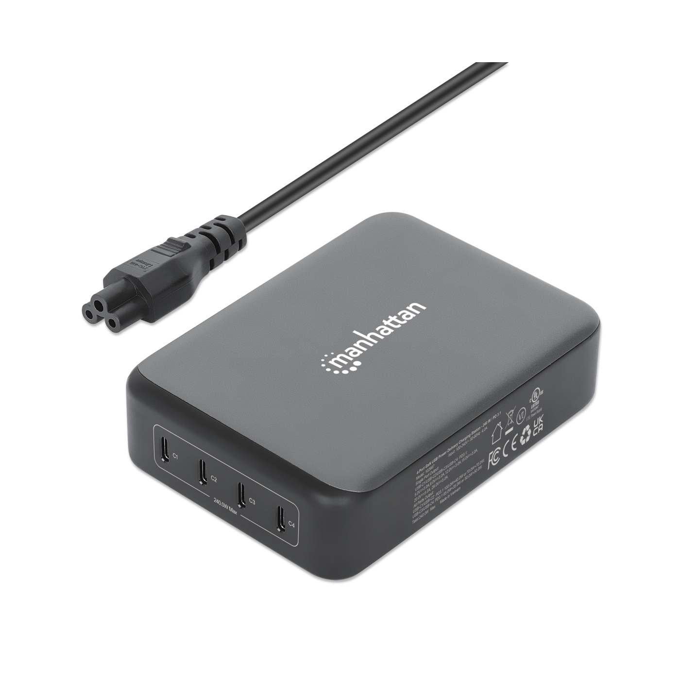 MANHATTAN 4-Port GaN USB Power Delivery-Ladestation PD 3.1 Vier USB-C PD-Ports mit bis zu 140W pro Port 240 W Gesamtleistung schwarz