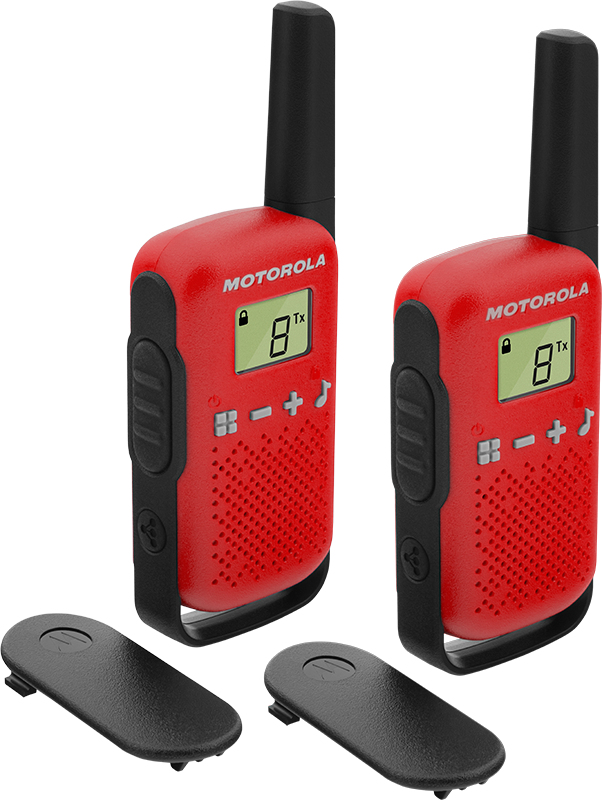 MOT Talkabout T42 Doppelpack Farbe rot HFG PMR446 Display inkl. 2 Funkgeräte + 2 Gürtelclip + 16 Aufkleber zum Personalisieren + BDA