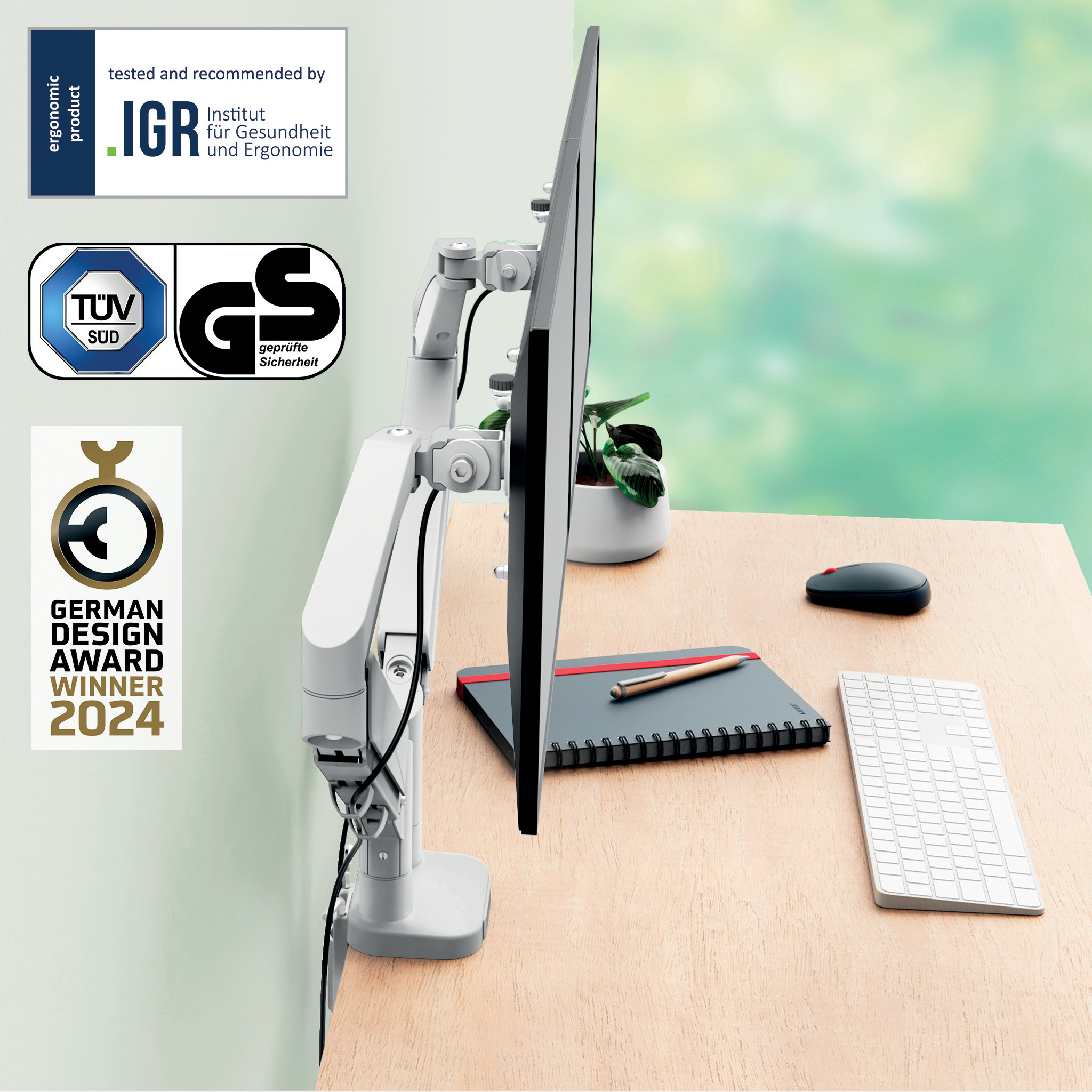 LEITZ Monitor-Halterung Ergo 65370085 lichtgrau für 2 Monitore, Tischklemme