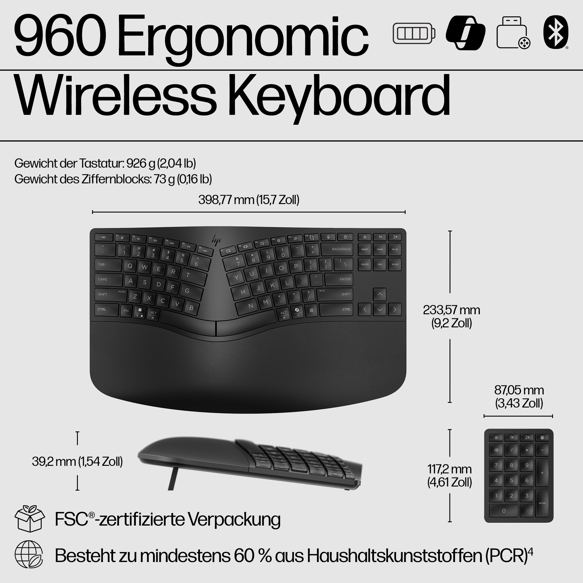 HP 960 BLK Ergonomic Wireless Keyboard GR (P)