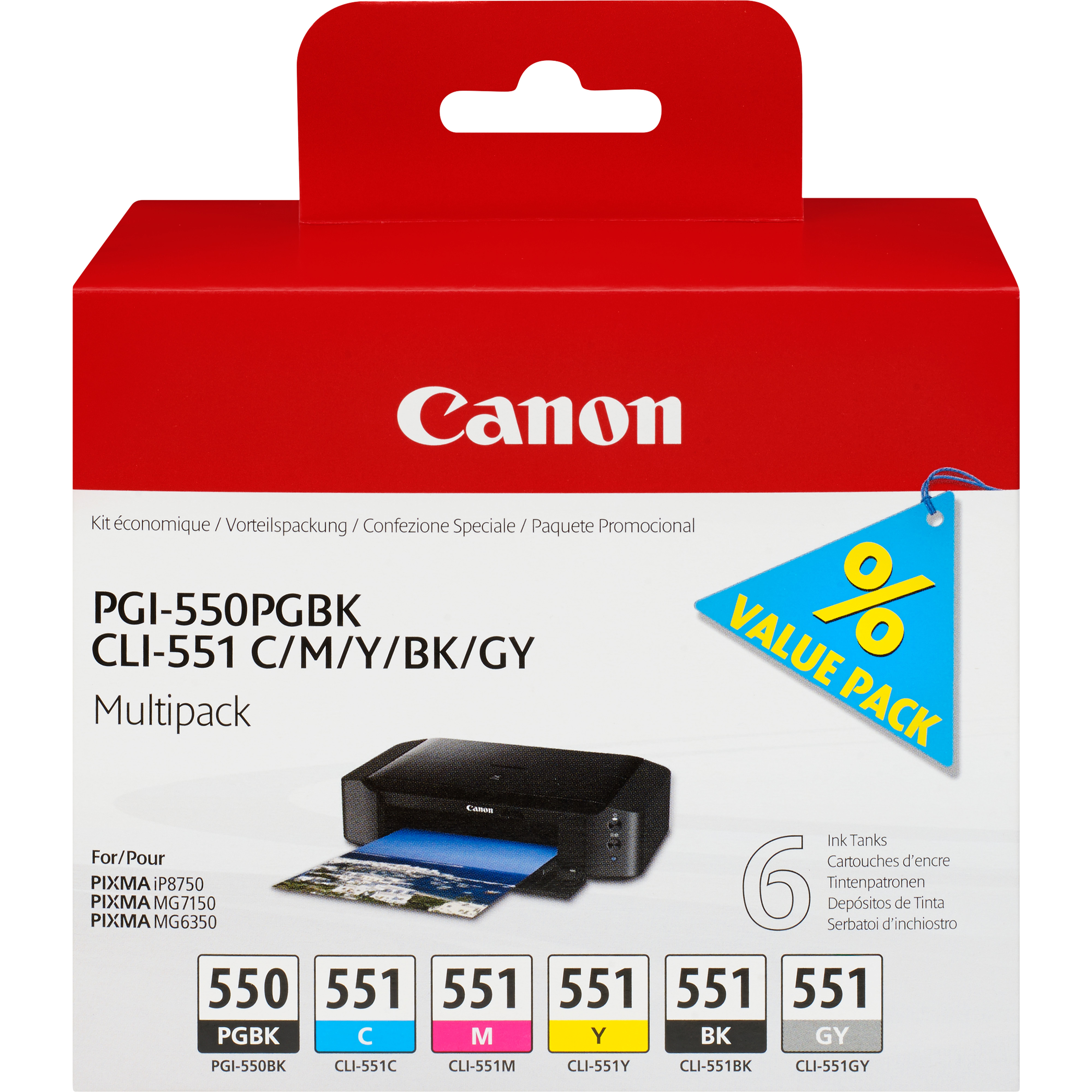 Canon PGI-550 PGBK + CLI-551 BK/C/M/Y/GY 2x schwarz, cyan, magenta, gelb, grau Druckerpatronen, 6er-Set