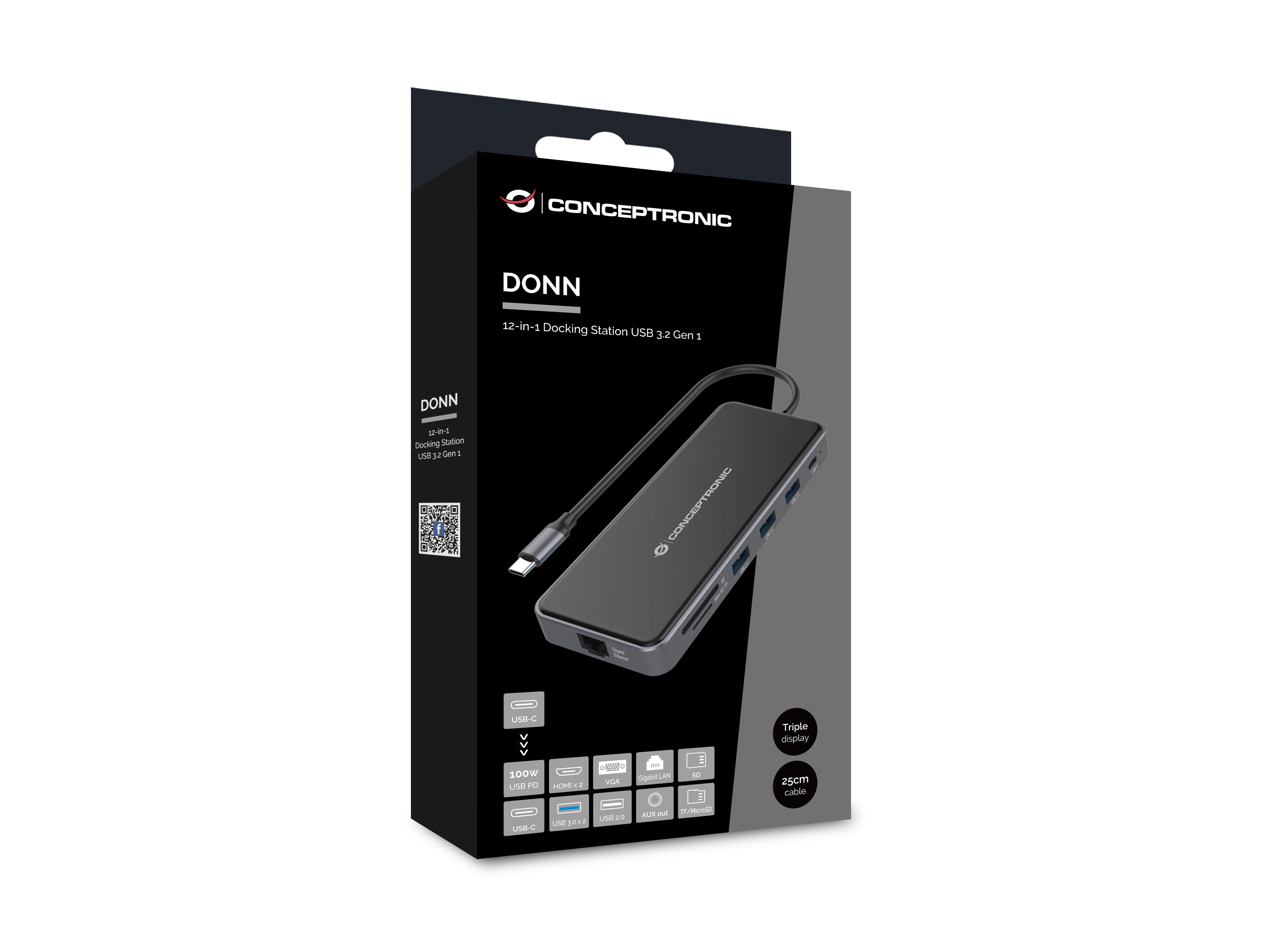 CONCEPTRONIC 12-1 Dock USB-C->2xHDMI/3xUSB-A/AUX/+ 25cm gr