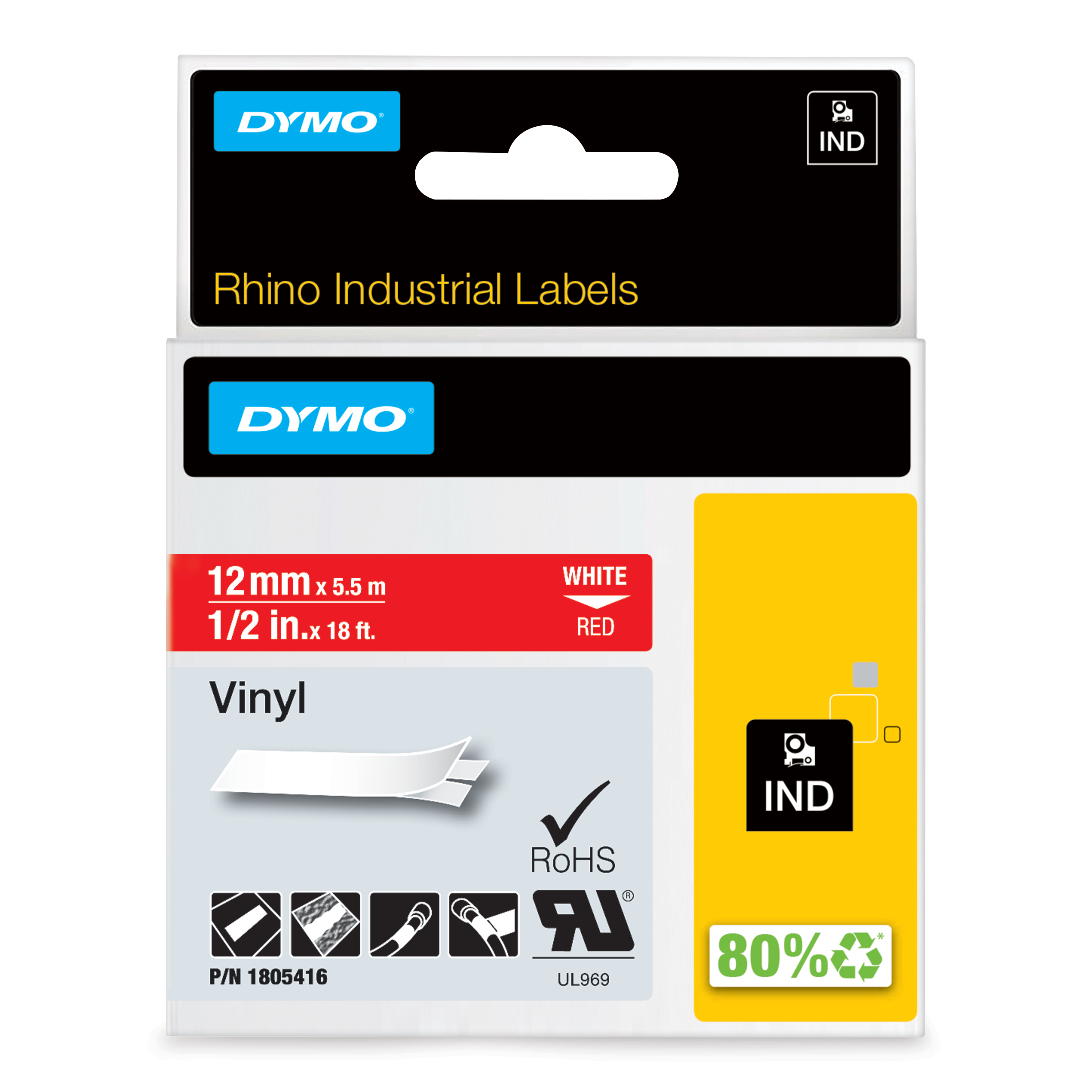 DYMO Schriftband RHINO 1805416, 12 mm, weiß auf rot, 1 St.