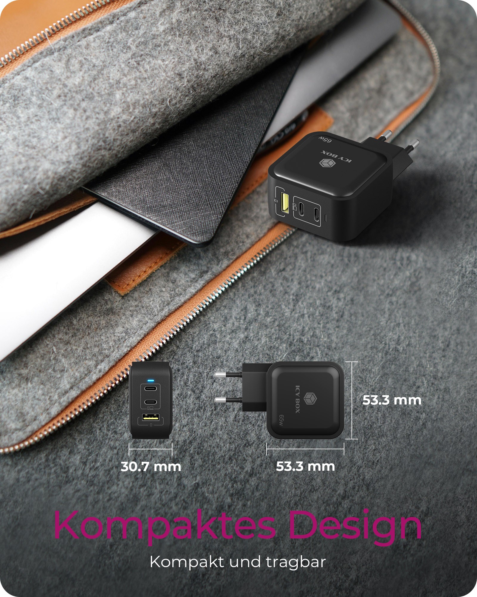 3-Port Steckerladegerät IB-PS103-PD, USB-A + 2x USB-C