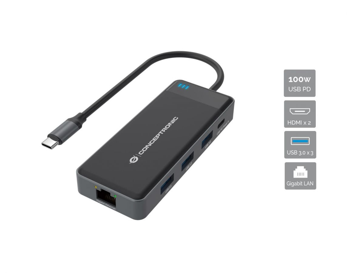 CONCEPTRONIC 7-1 Dock USB-C->2xHDMI/3xUSB-A/GbE/+ 25cm gr