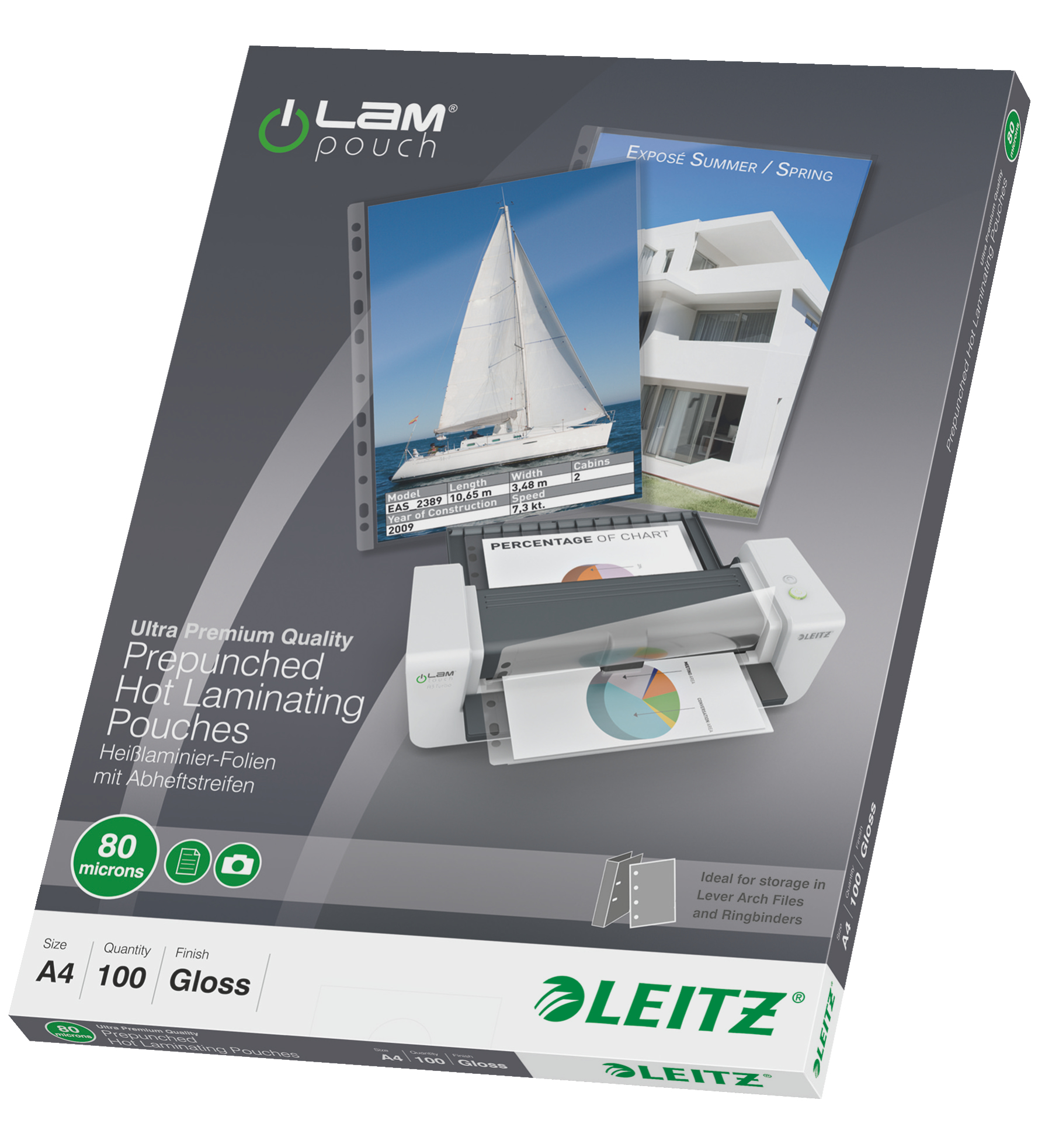 LEITZ Laminierfolien glänzend für A4 80 micron Universal-Lochung, 100 St.