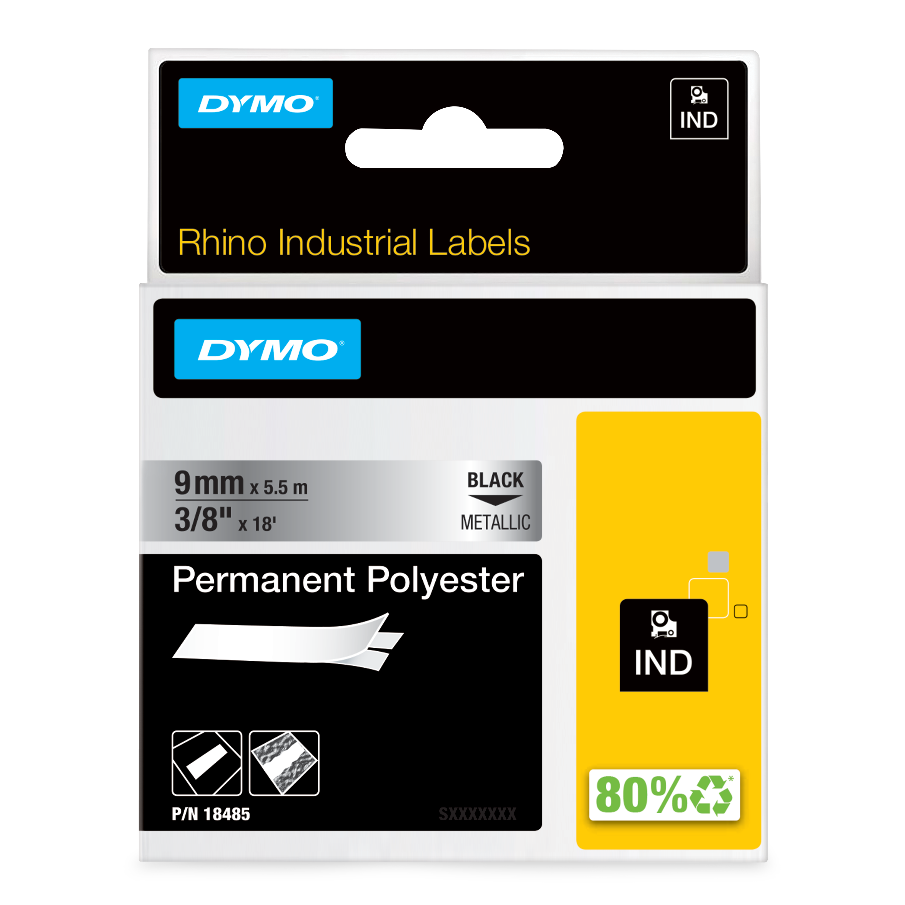 DYMO Schriftband RHINO 18485, 9 mm, schwarz auf silber, 1 St.