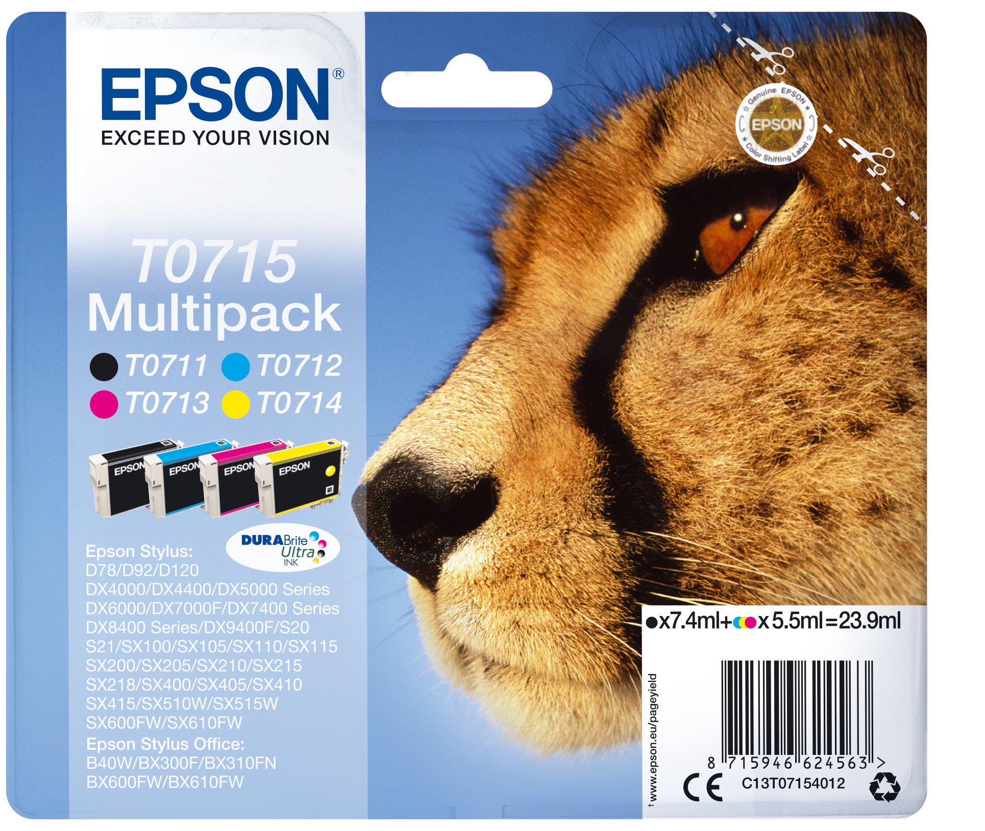 EPSON T0715 (Gepard) schwarz, cyan, magenta, gelb Druckerpatronen, 4er-Set