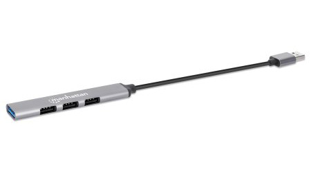 MANHATTAN 4-Port USB 3.0/2.0 Kombo-Hub USB-A-Stecker auf ein5 Gbit/s USB 3.2 Gen1-Port drei 480 Mbit/s USB 2.0-Ports Aluminium grau