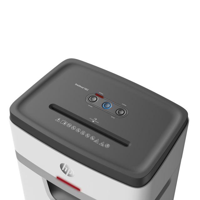 HP OneShred 18CC Aktenvernichter mit Partikelschnitt P-4, 4 x 35 mm, bis 18 Blatt, weiß