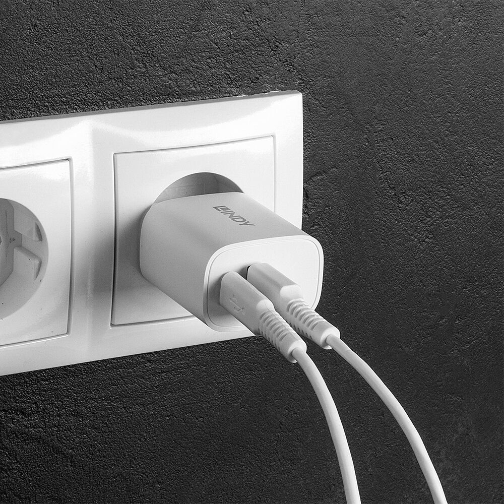 LINDY USB 2-Port Charger 20W, 1x USB-C PD & 1x USB-A, weiß