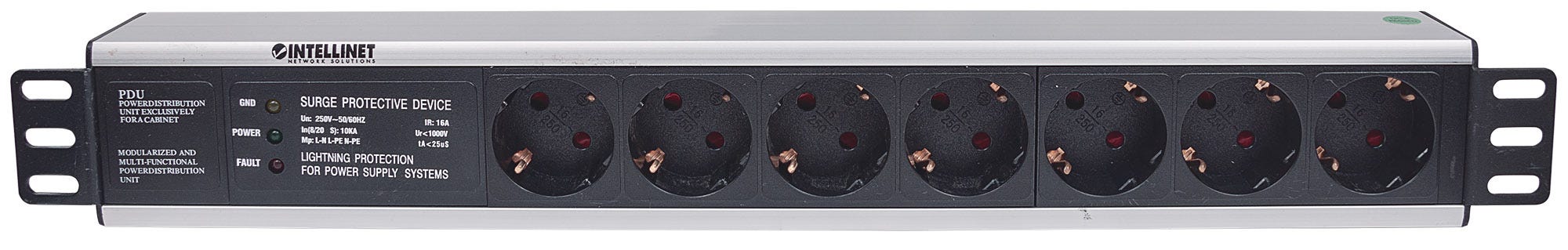 INTELLINET 48,3cm 19Zoll Steckdosenleiste 7-fach SCHUKO mit Ueberspannungsschutz 3m Stromkabel 1,5 HE