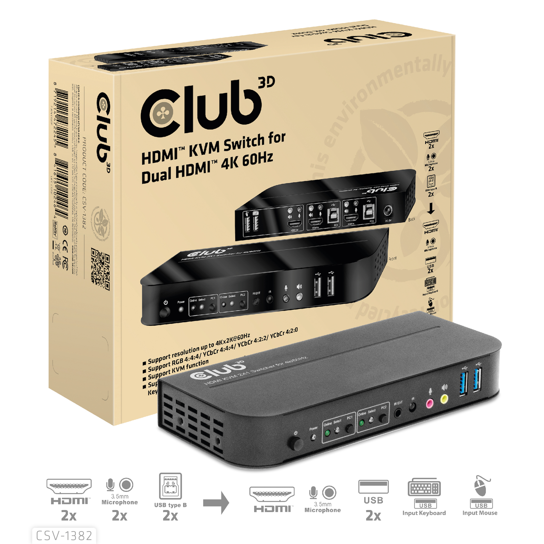 Club3D KVM Switch 4K60Hz 2x HDMI > HDMI/2xUSB/Audio retail