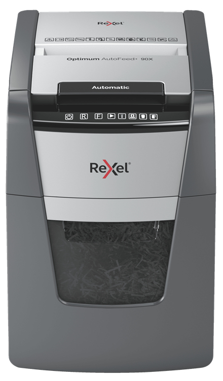 Rexel Optimum AutoFeed+ 90X Aktenvernichter mit Partikelschnitt P-4, 4 x 28 mm, bis 90 Blatt, schwarz