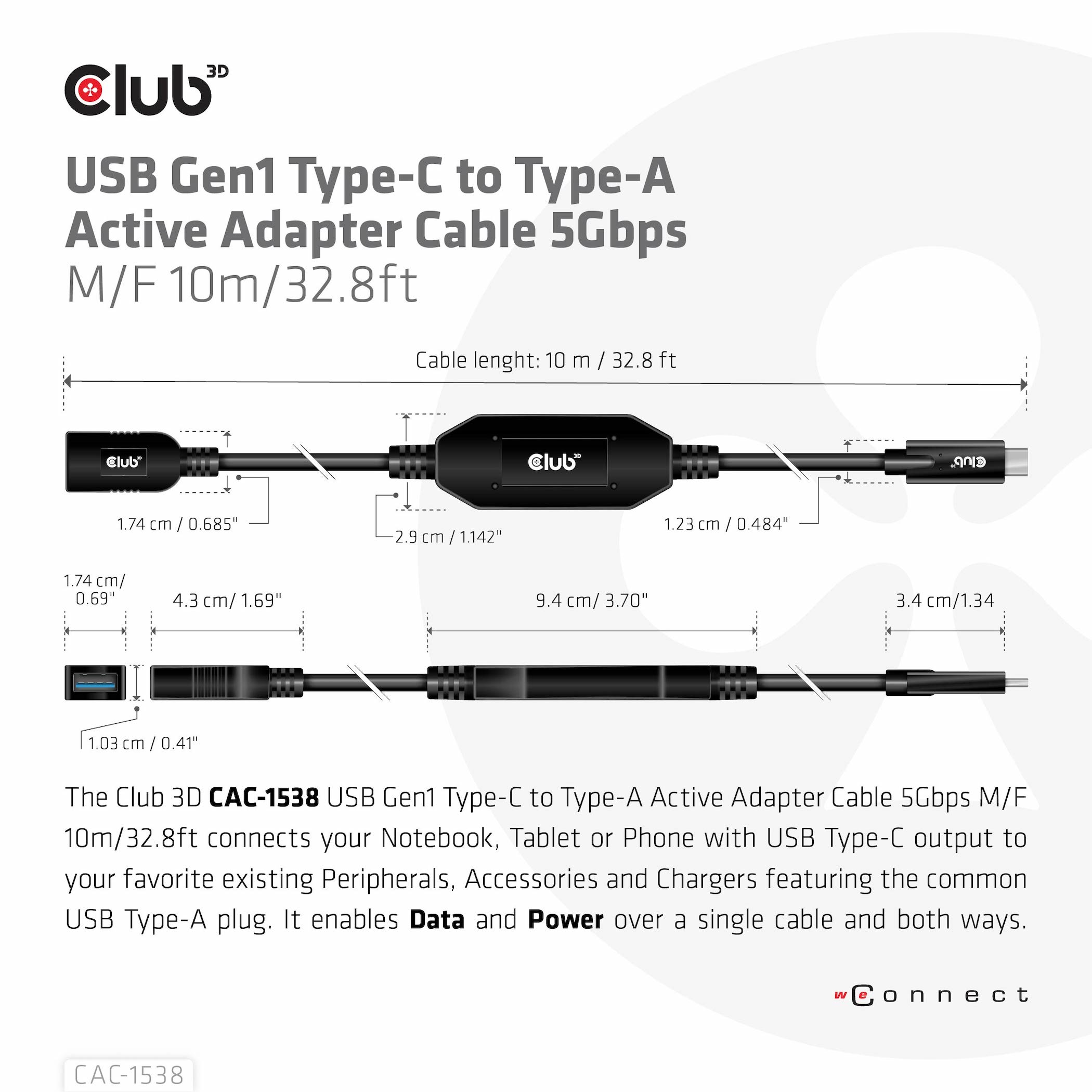 Club3D Kabel USB 3.2 Typ C  USB Typ A 5Gbps St/Bu 10m retail